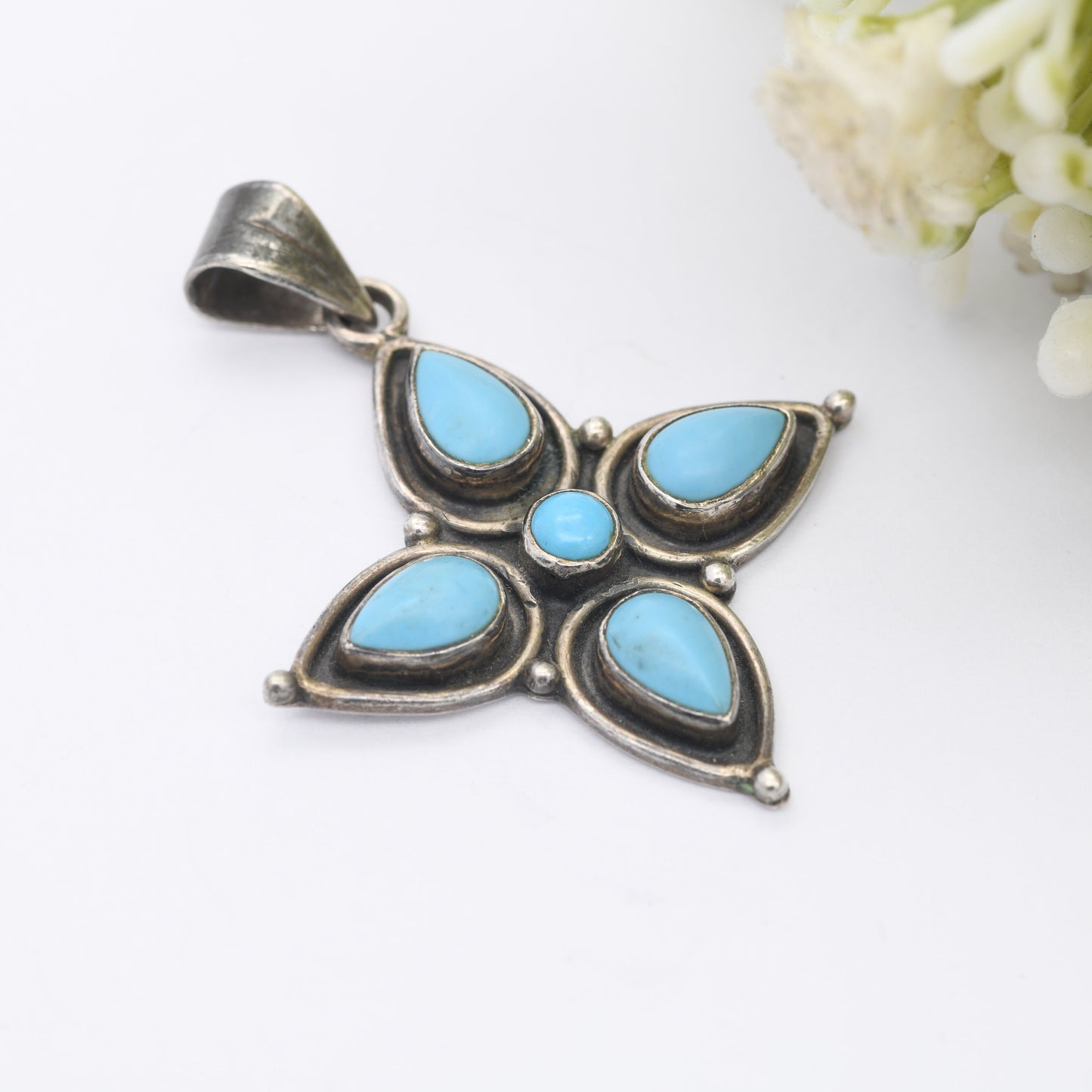 Vintage Sterling Silver Cabochon Turquoise Pendant - Flower Shape | Teardrop Gemstones | Chunky Blue Pendant