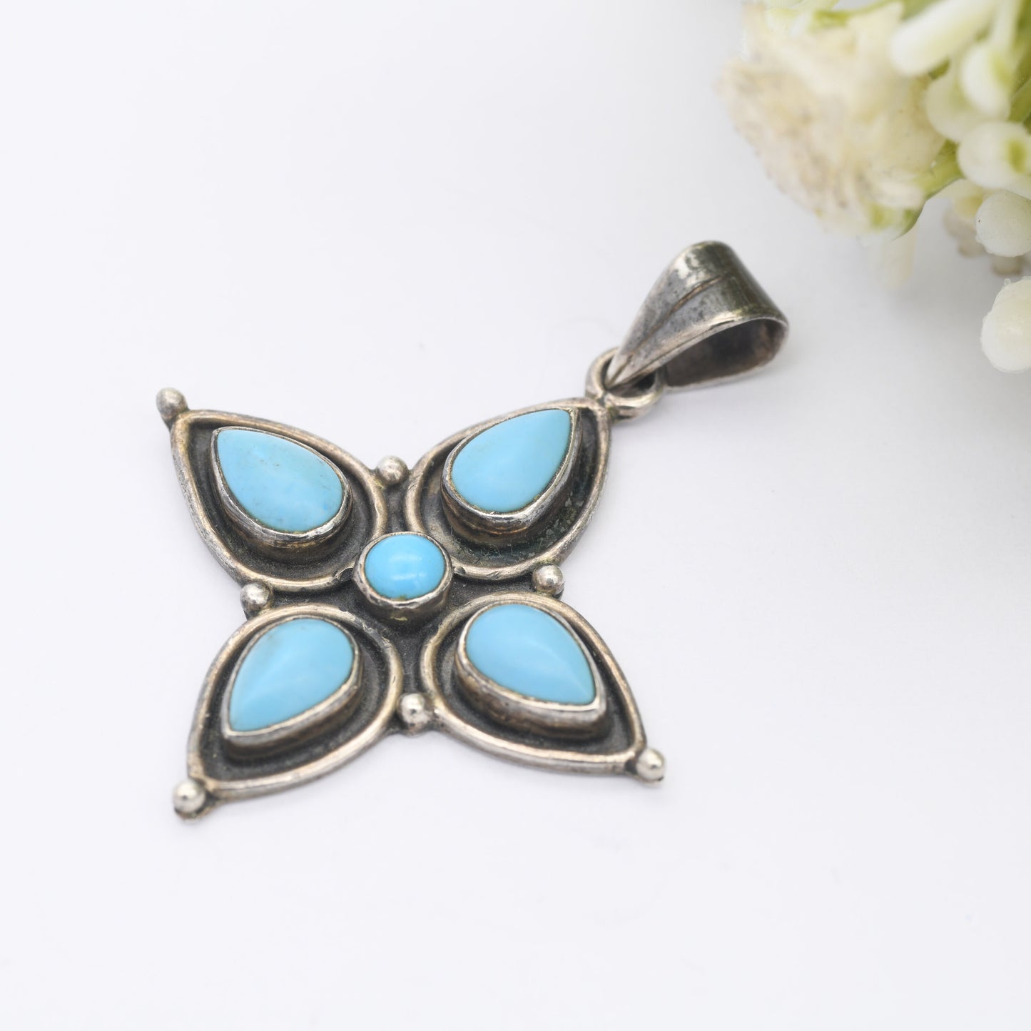 Vintage Sterling Silver Cabochon Turquoise Pendant - Flower Shape | Teardrop Gemstones | Chunky Blue Pendant