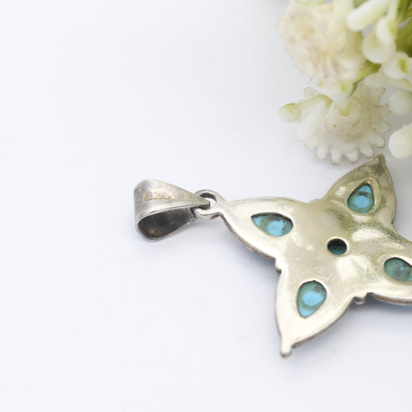 Vintage Sterling Silver Cabochon Turquoise Pendant - Flower Shape | Teardrop Gemstones | Chunky Blue Pendant