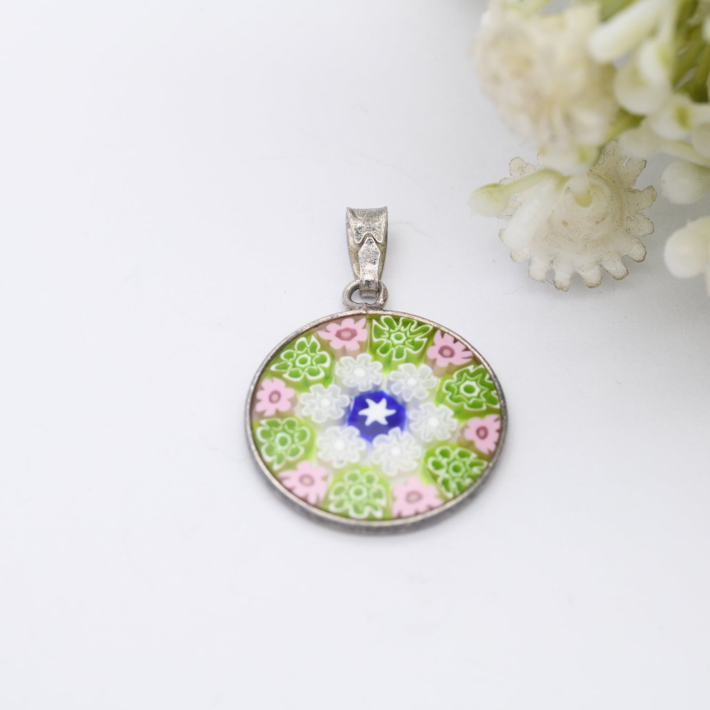 Sterling Silver Millefiori Glass Flower Pendant - Green and Pink | Circle | Floral