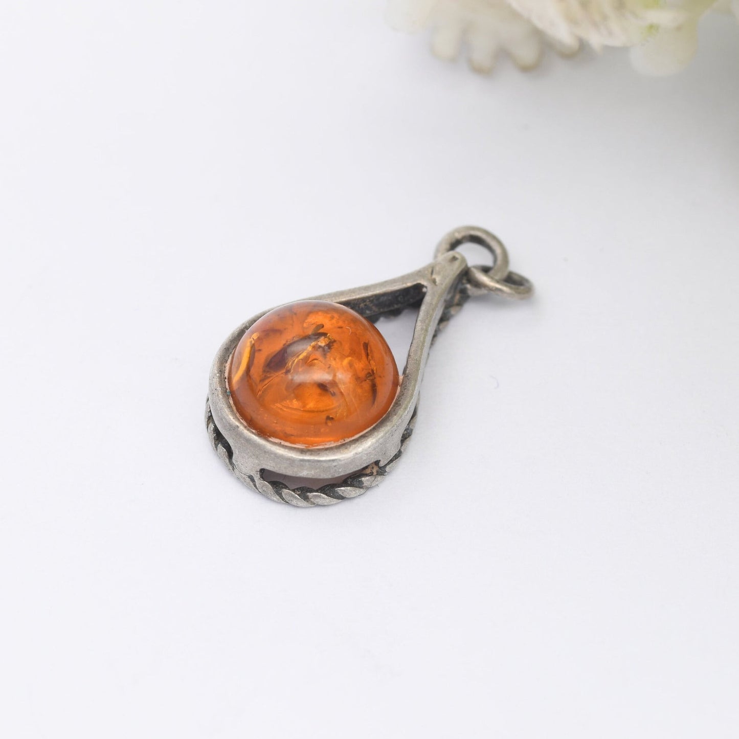 Vintage Amber Silver Pendant - Baltic Amber Pendant | Teardrop Shape