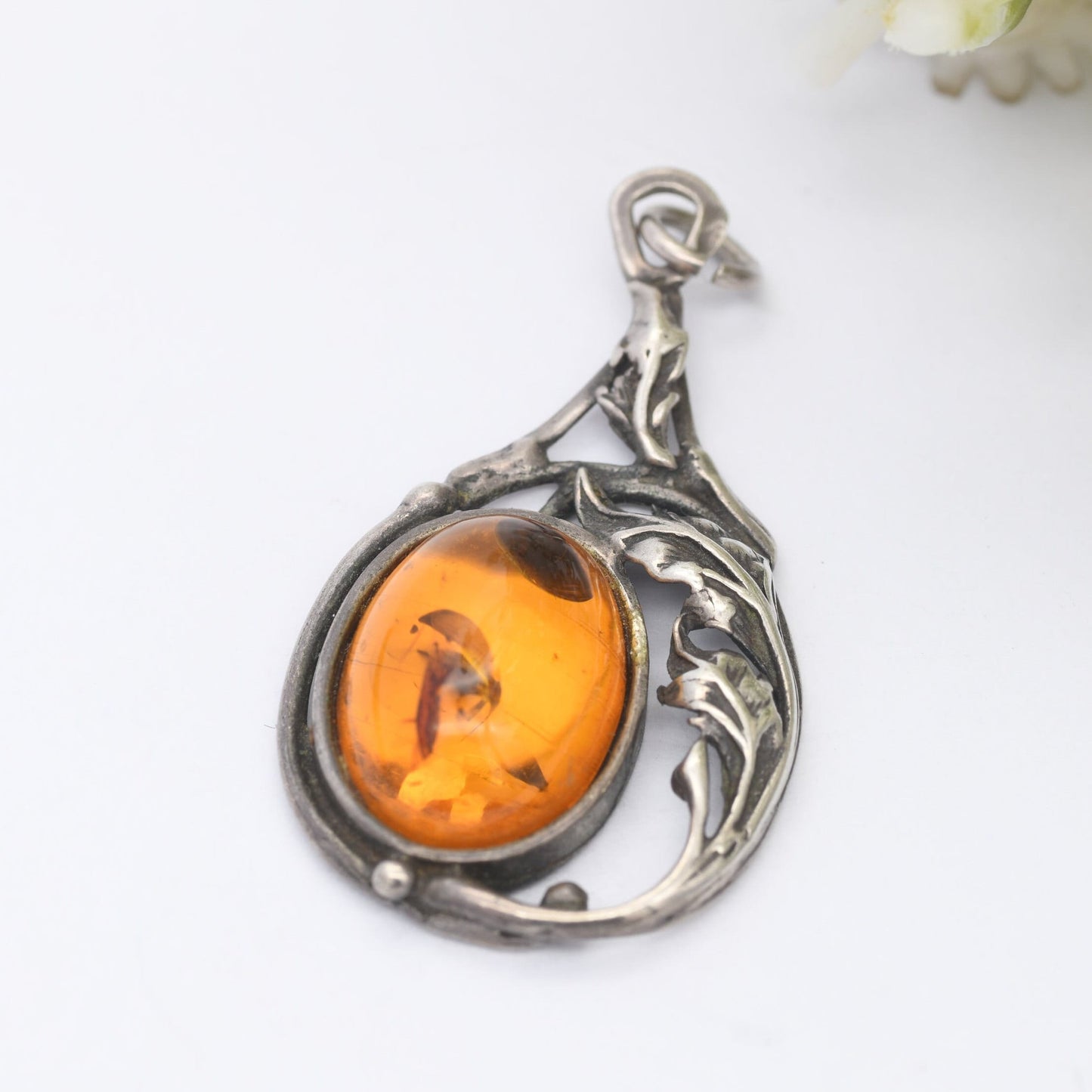 Vintage Amber Sterling Silver Pendant - Baltic Amber Pendant | Unusual Openwork Shape | Art Nouveau Style Naturalistic