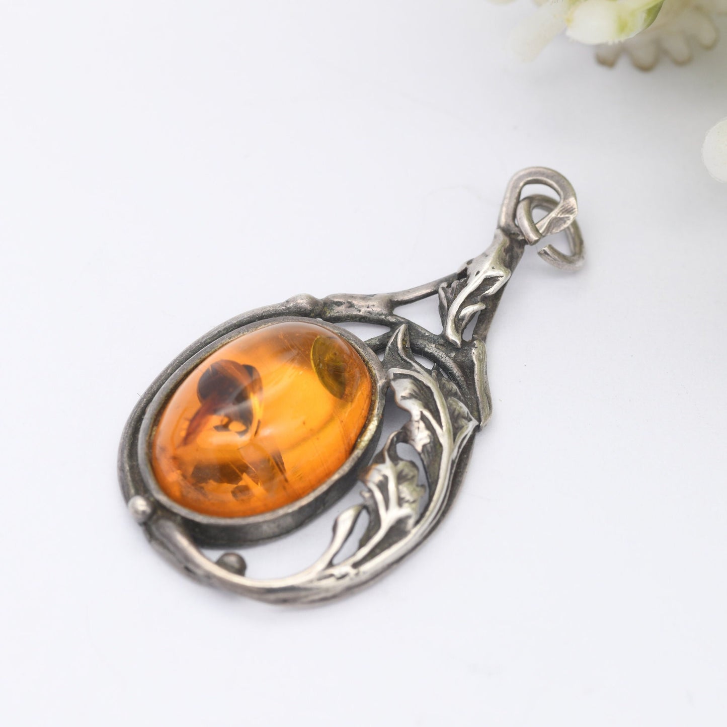 Vintage Amber Sterling Silver Pendant - Baltic Amber Pendant | Unusual Openwork Shape | Art Nouveau Style Naturalistic