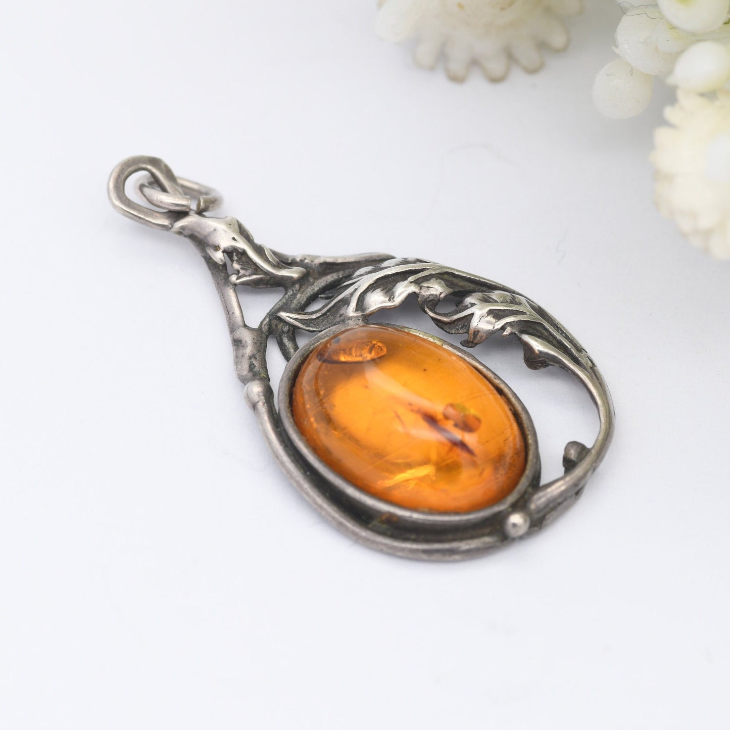 Vintage Amber Sterling Silver Pendant - Baltic Amber Pendant | Unusual Openwork Shape | Art Nouveau Style Naturalistic