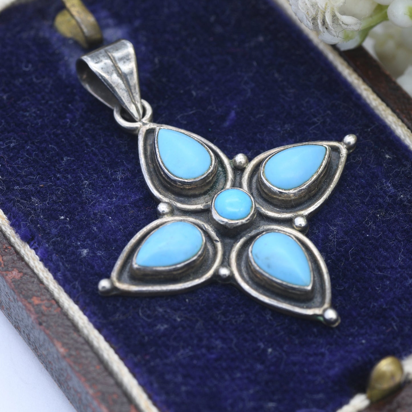 Vintage Sterling Silver Cabochon Turquoise Pendant - Flower Shape | Teardrop Gemstones | Chunky Blue Pendant