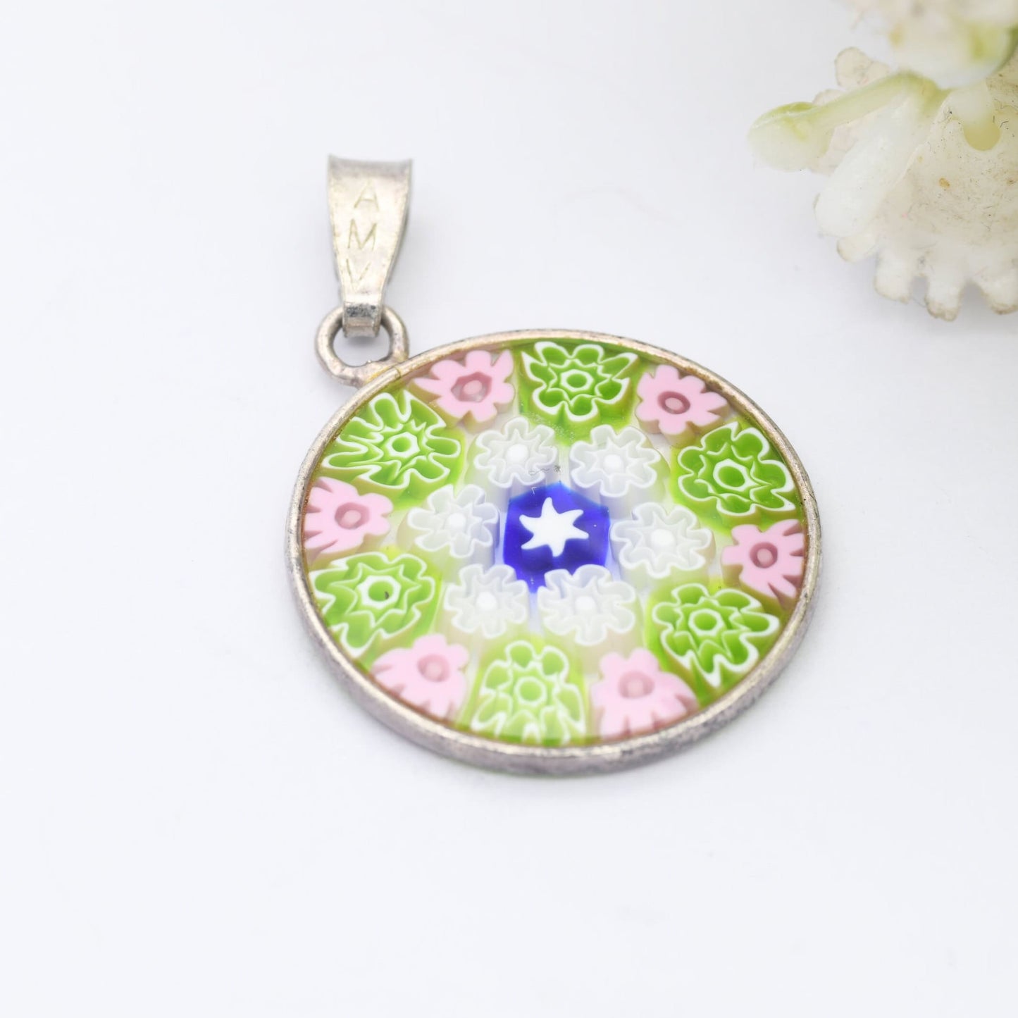 Sterling Silver Millefiori Glass Flower Pendant - Green and Pink | Circle | Floral