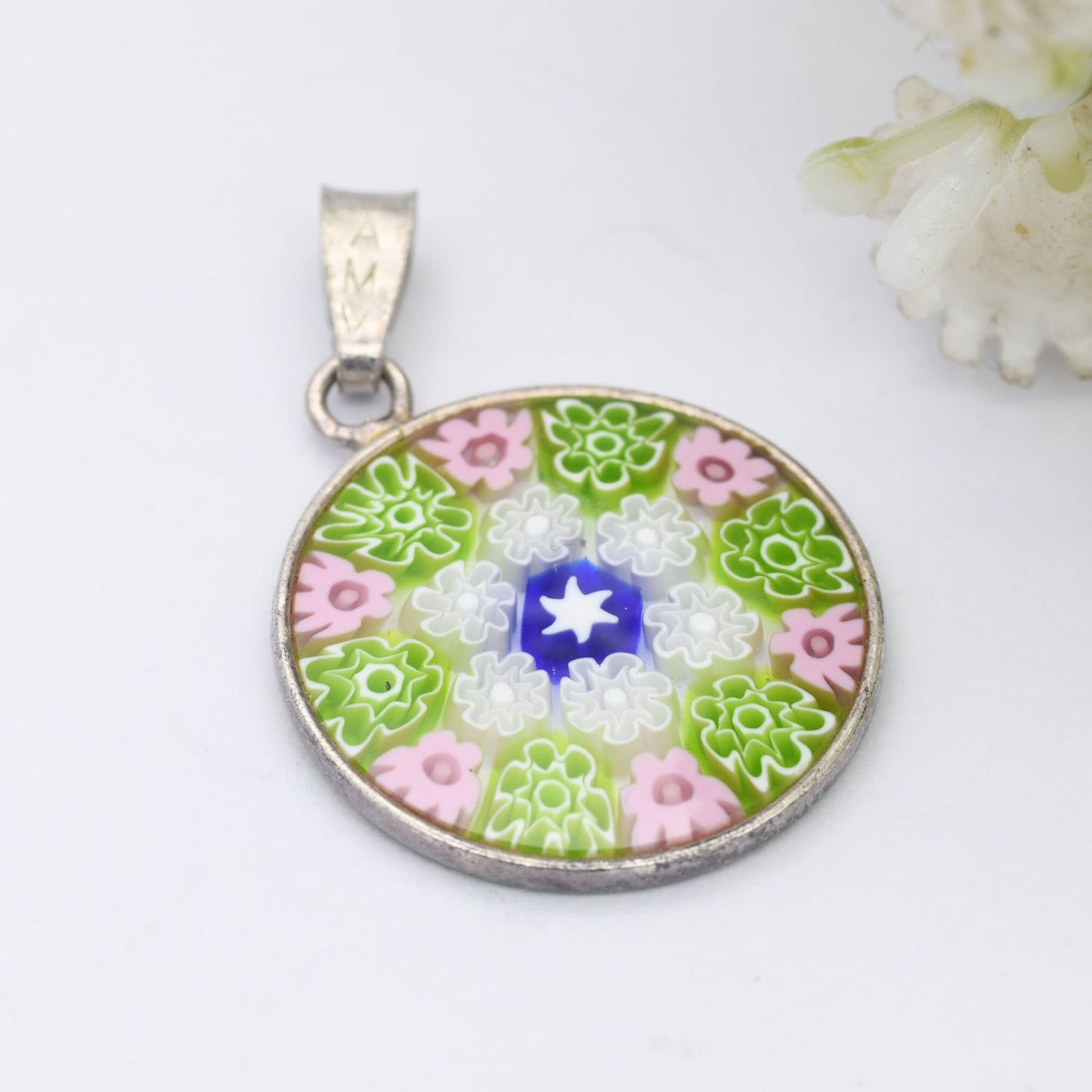Sterling Silver Millefiori Glass Flower Pendant - Green and Pink | Circle | Floral