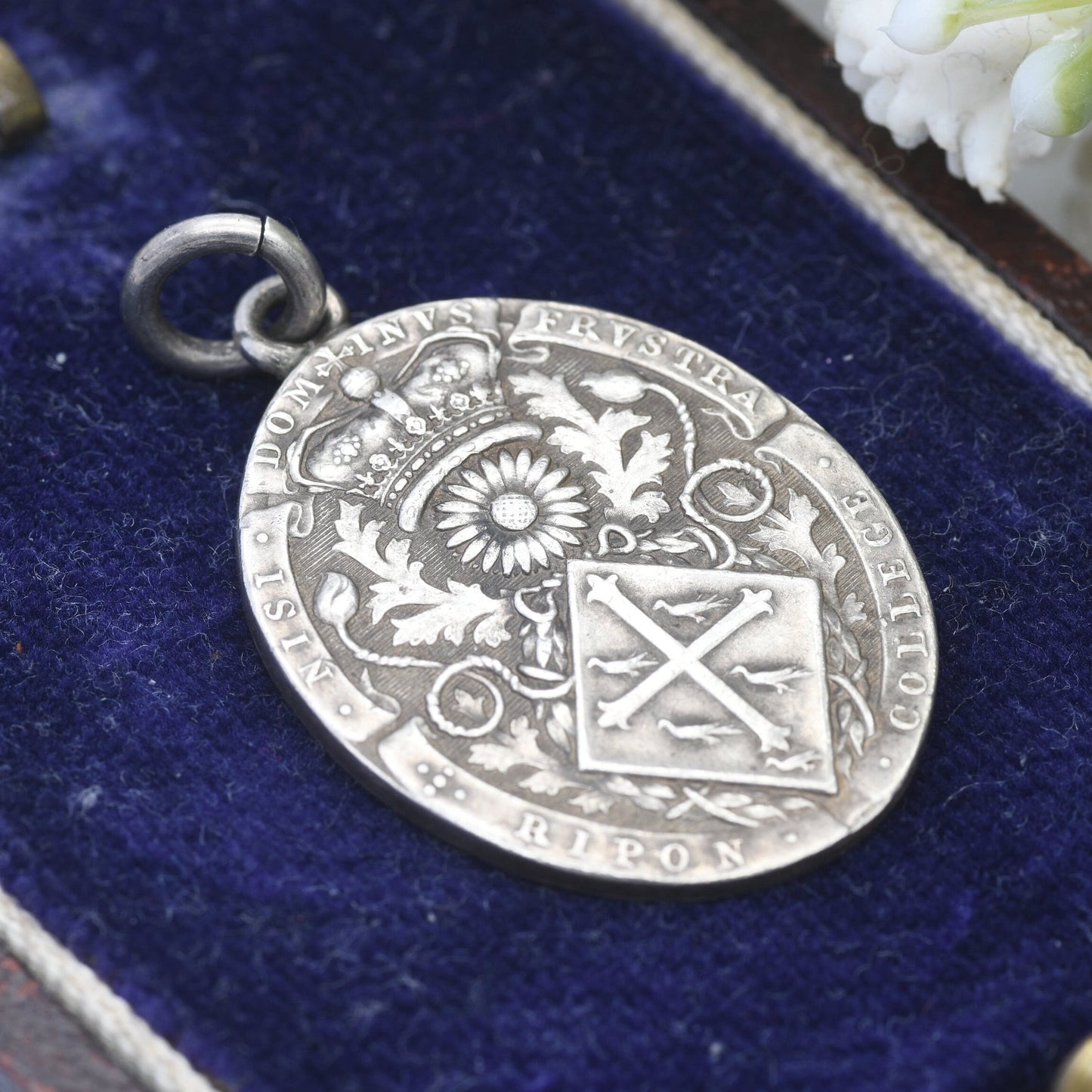 Antique Sterling Silver Ripon College Medal Pendant - Ornate Watch Fob | Latin Inscription | Old School Motto