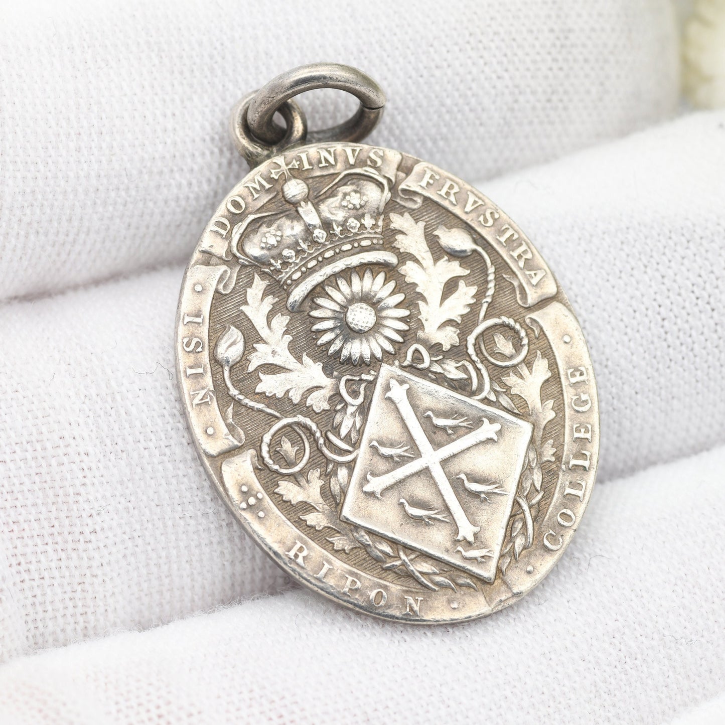Antique Sterling Silver Ripon College Medal Pendant - Ornate Watch Fob | Latin Inscription | Old School Motto