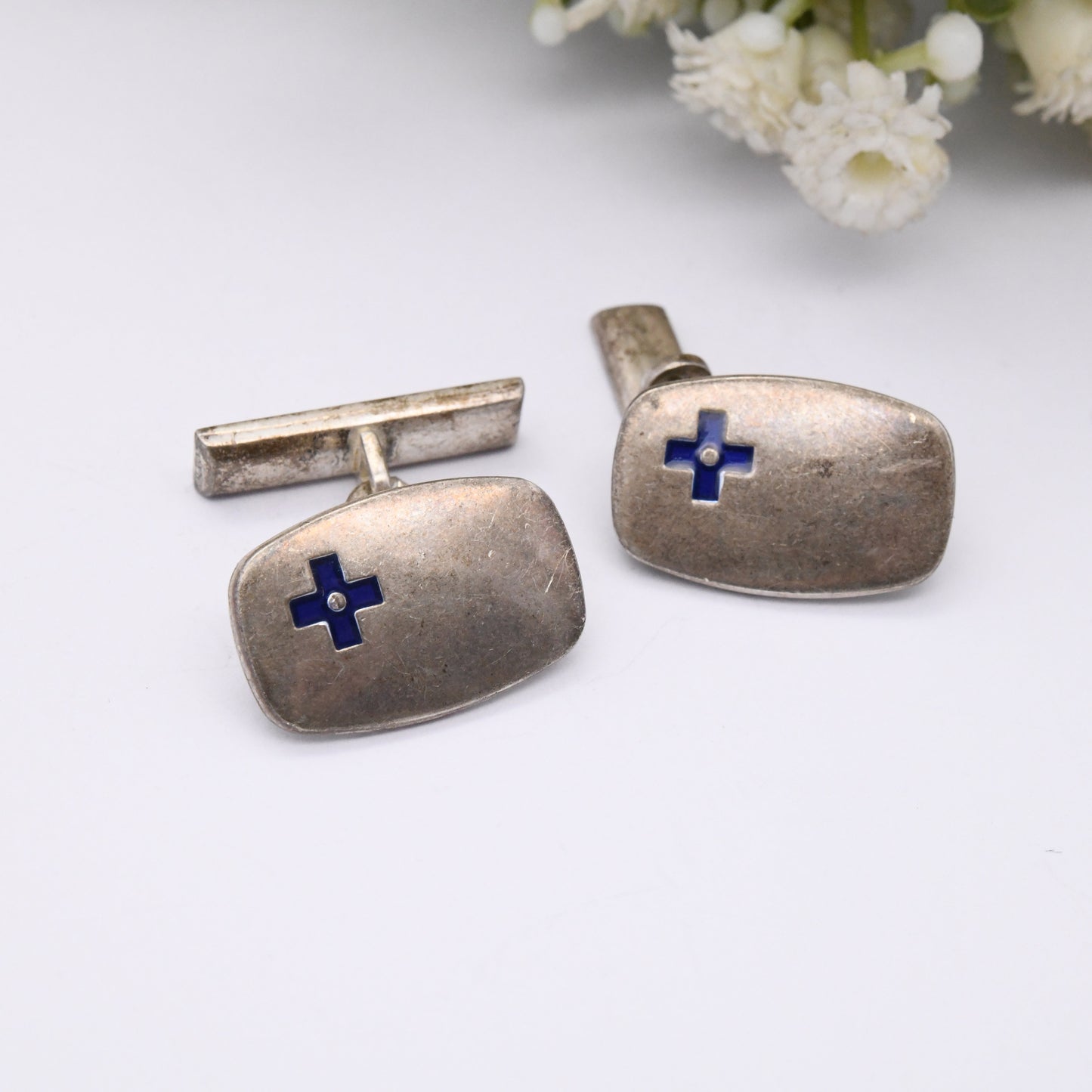 Vintage Scottish Sterling Silver Cufflinks with Enamel Blue Cross