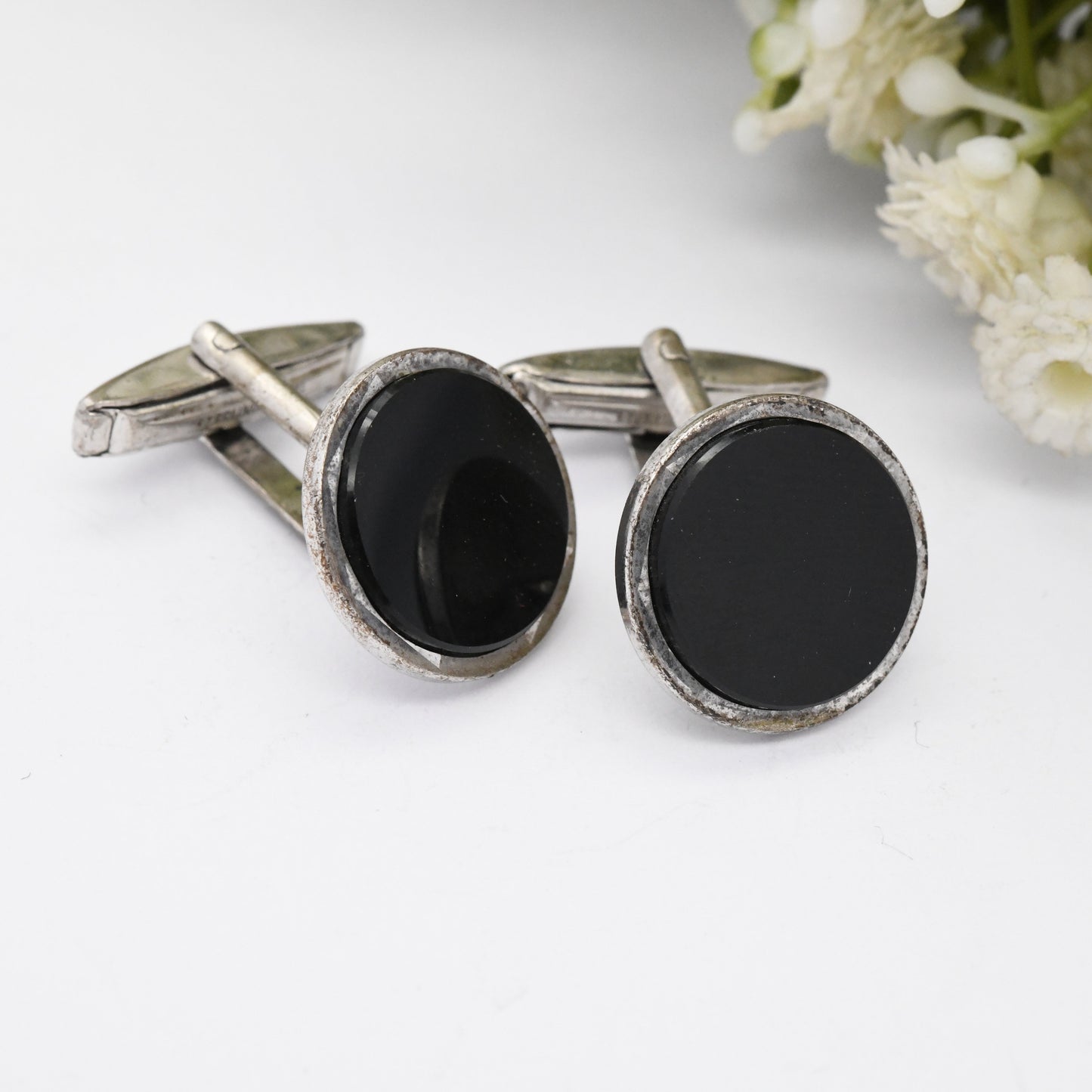 Vintage Sterling Silver Onyx Cufflinks 1977 by John Ashford and Son JA&S