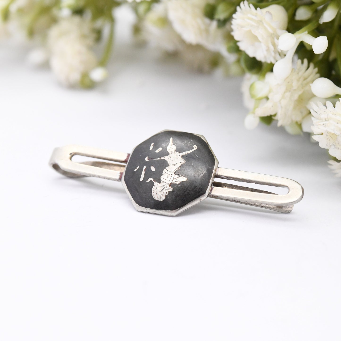 Vintage Siam Silver Tie Slide with Mekhala Goddess of Lightening Black Niello