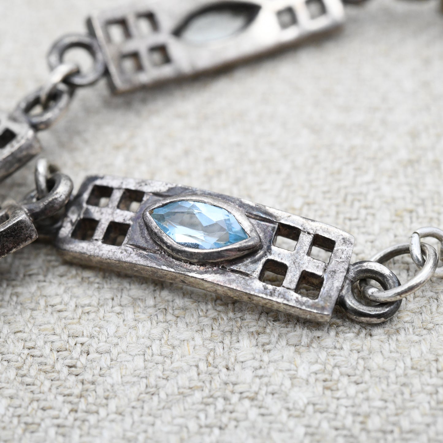 Vintage Scottish Sterling Silver Celtic Panel Link Bracelet with Blue Stones 1999
