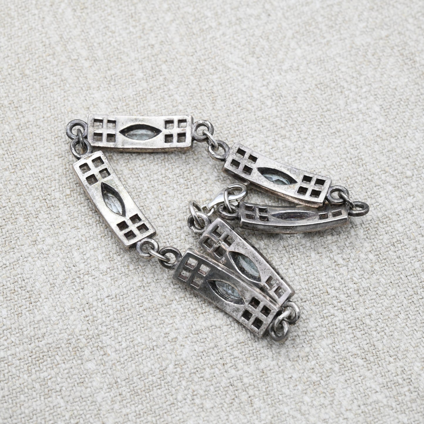 Vintage Scottish Sterling Silver Celtic Panel Link Bracelet with Blue Stones 1999