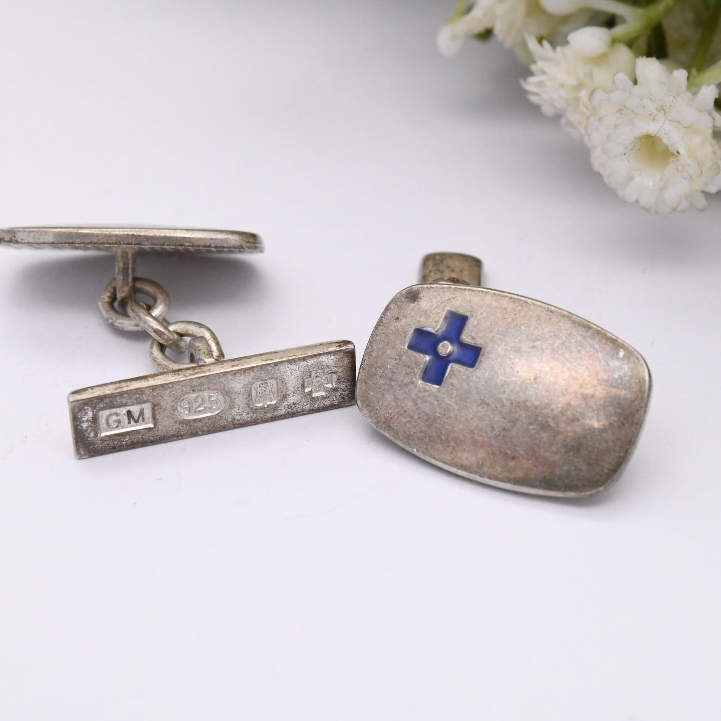 Vintage Scottish Sterling Silver Cufflinks with Enamel Blue Cross