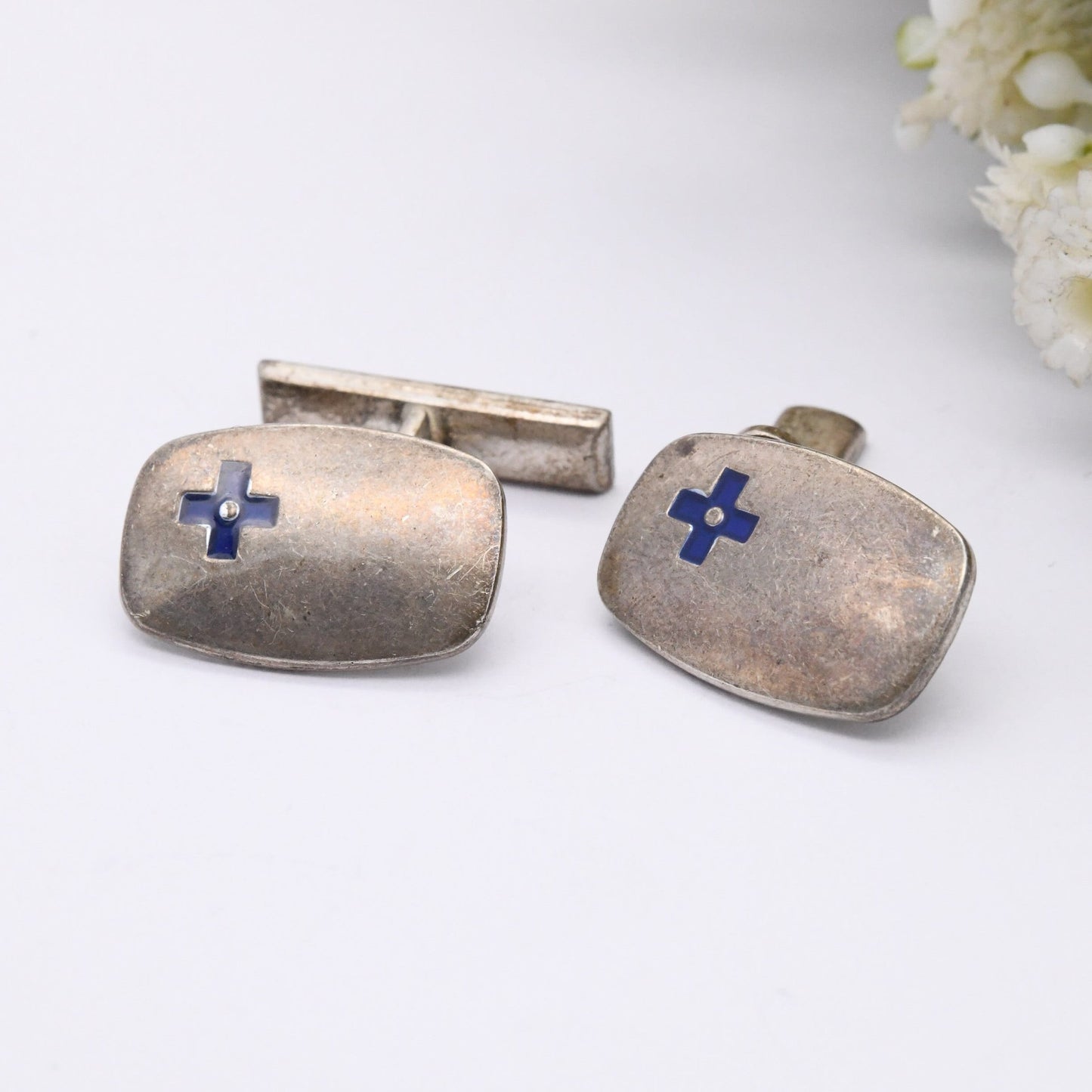 Vintage Scottish Sterling Silver Cufflinks with Enamel Blue Cross