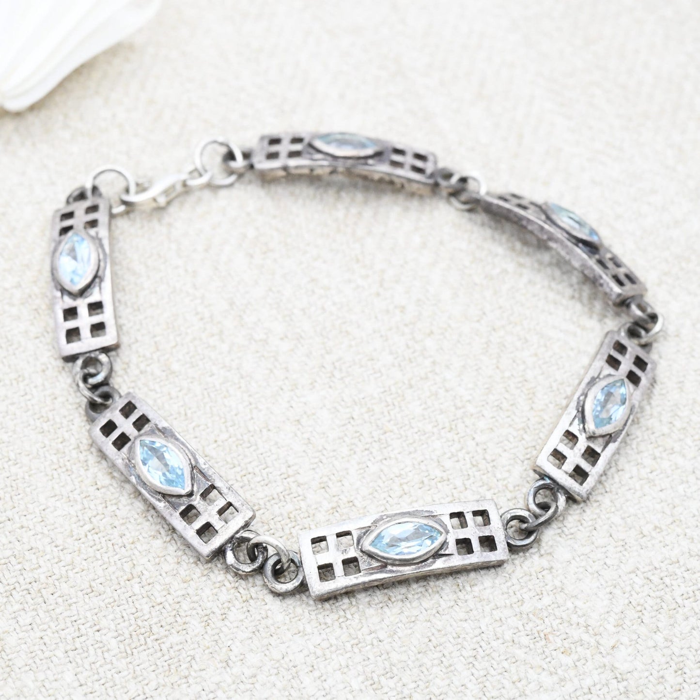 Vintage Scottish Sterling Silver Celtic Panel Link Bracelet with Blue Stones 1999