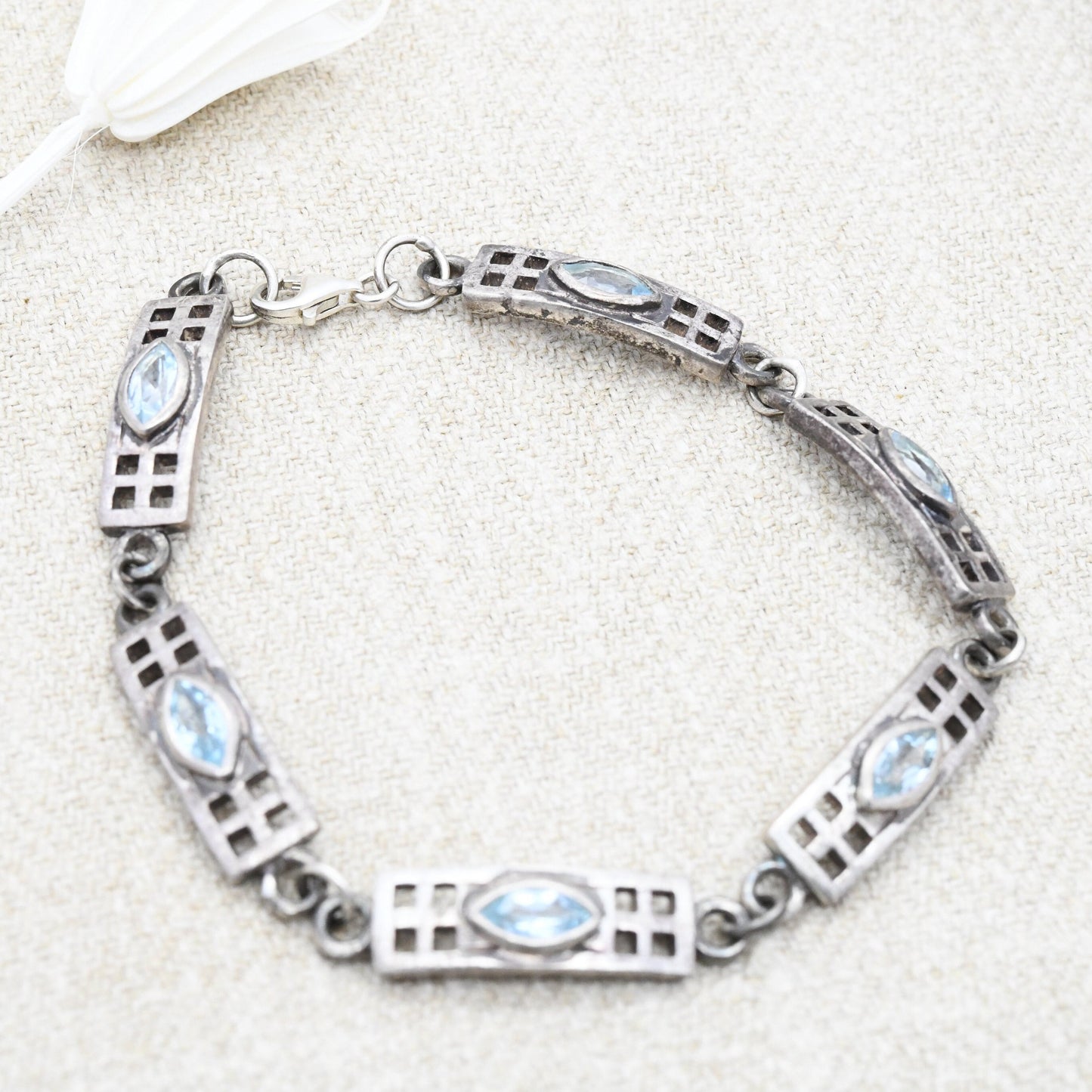 Vintage Scottish Sterling Silver Celtic Panel Link Bracelet with Blue Stones 1999