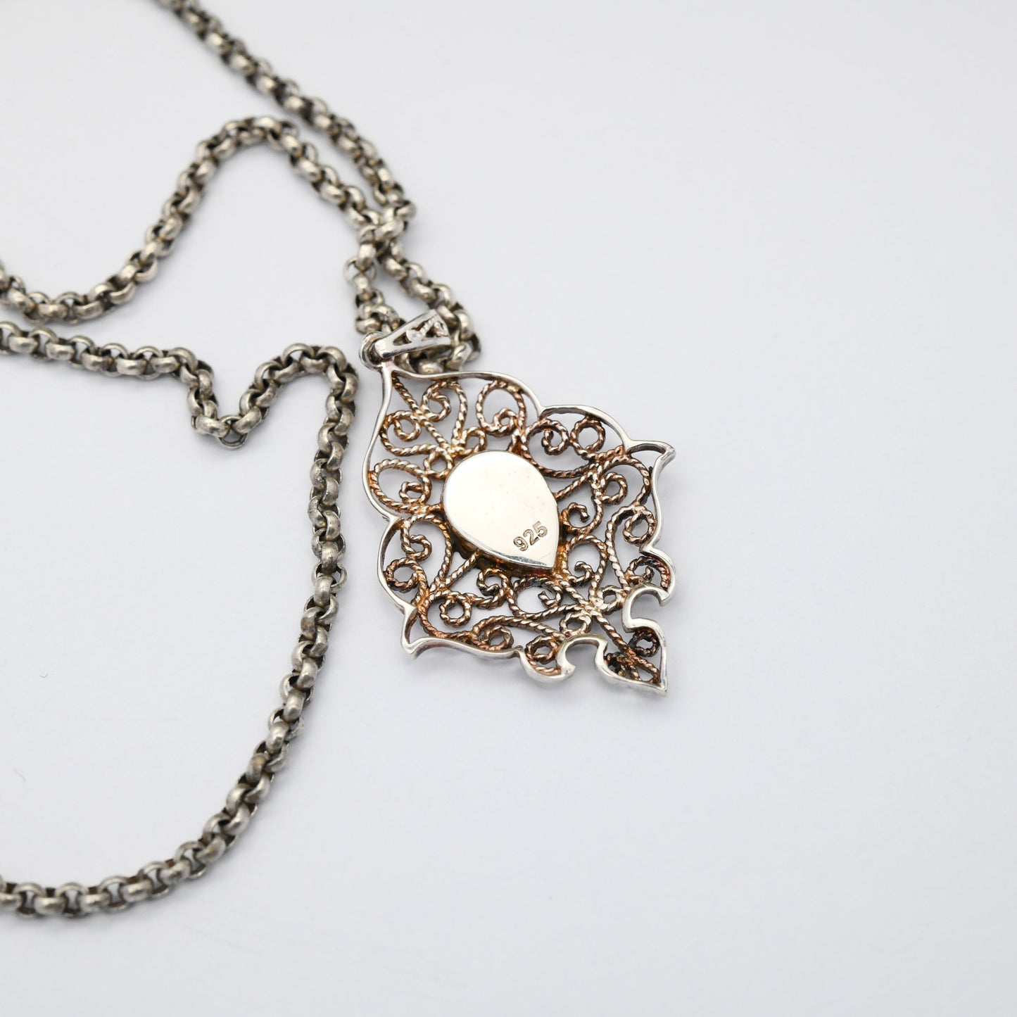 Vintage Sterling Silver Onyx Pendant Necklace - Ornate Openwork Filigree Design