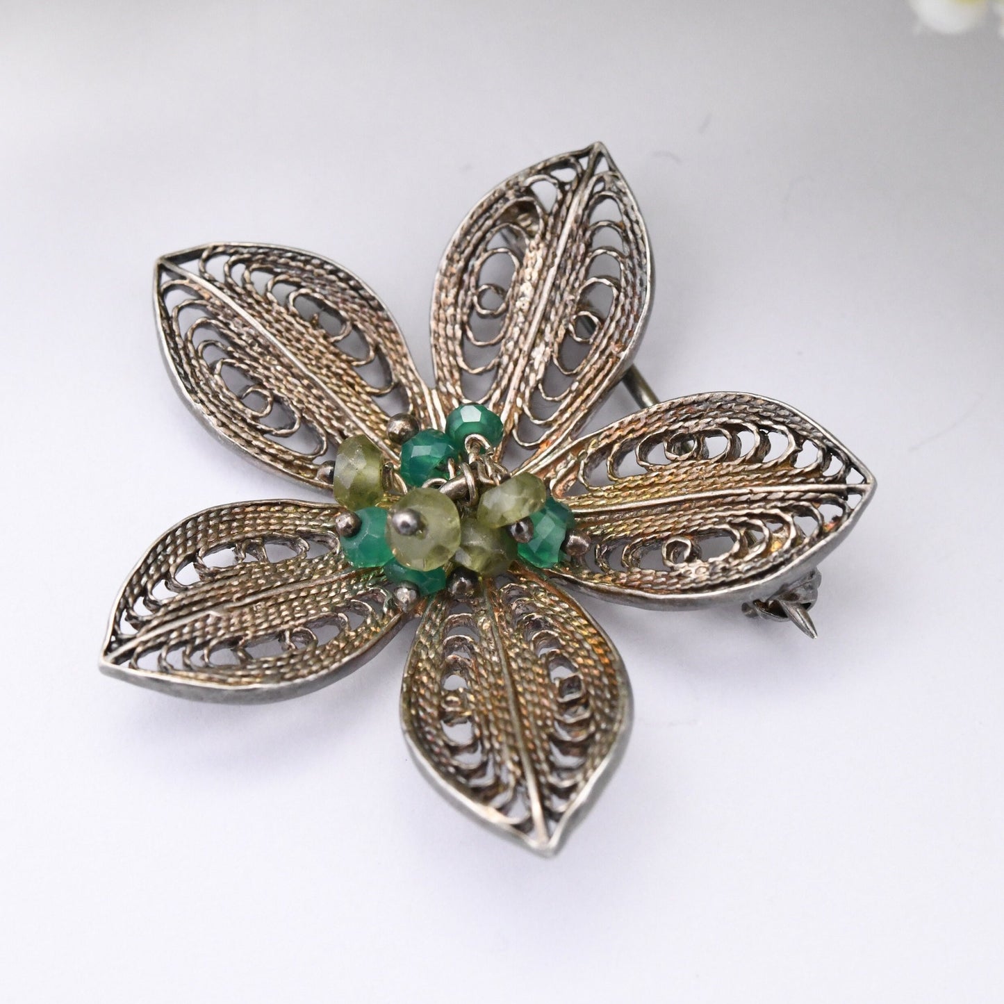Vintage Sterling Silver Filigree Flower Green Gemstone Brooch