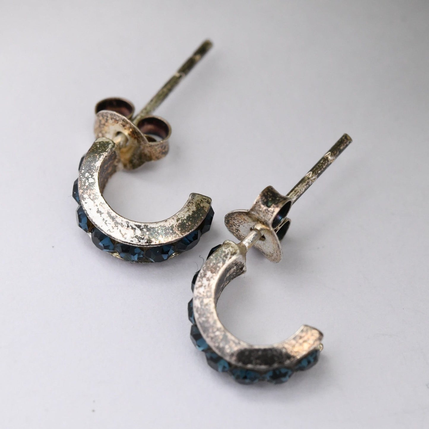 Sterling Silver C Hoop Stud Earrings with Blue Stones