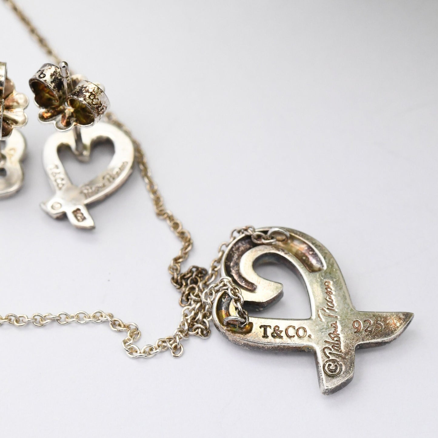 Tiffany & Co Paloma Picasso Loving Heart Pendant and Earrings Sterling Silver Jewellery Set - Signed Designer Jewellery