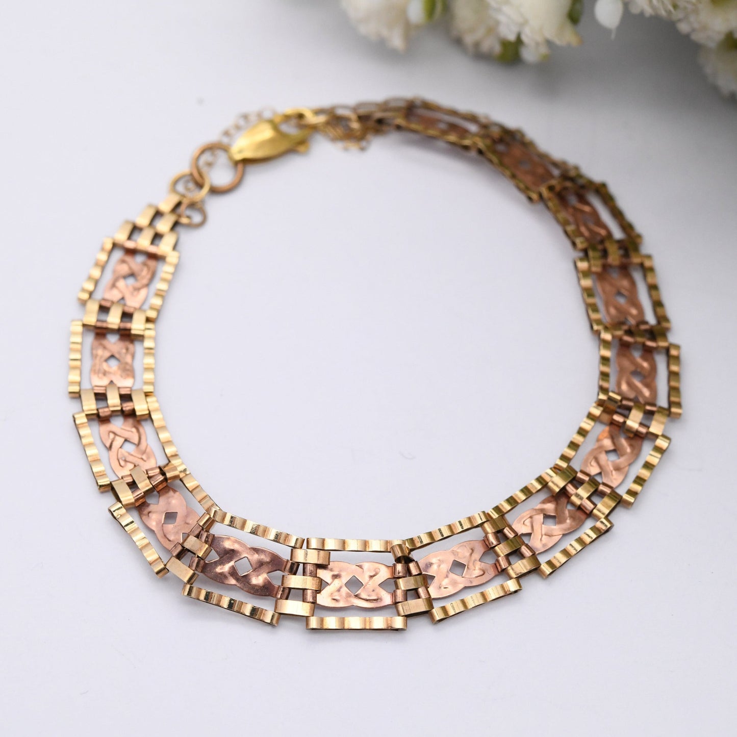 Vintage 9ct Rose Gold Gate Link Chain Bracelet with Safety Chain