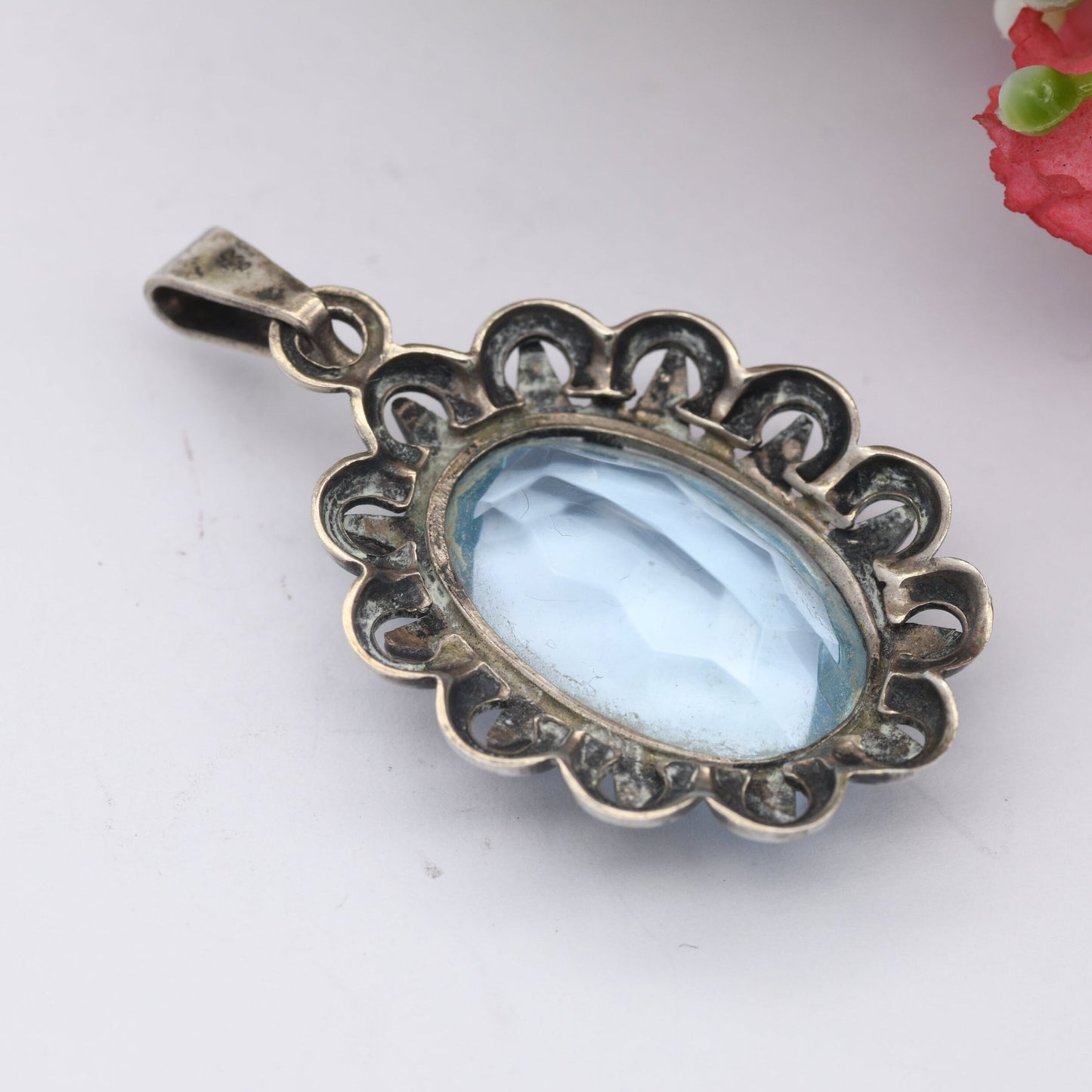 Antique European Silver Pendant with Large Blue Stone