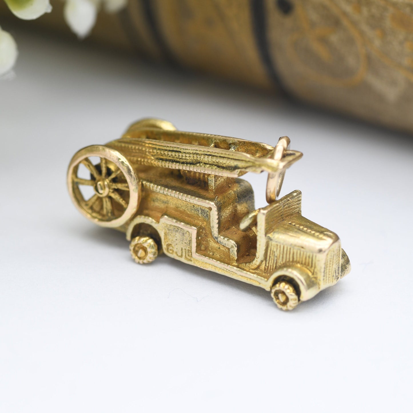 Vintage Georg Jensen 9ct Gold Fire Engine Charm Pendant 1956 - with Spinning Wheels | Retro Car Enthusiast | Nicely Detailed | Good Quality