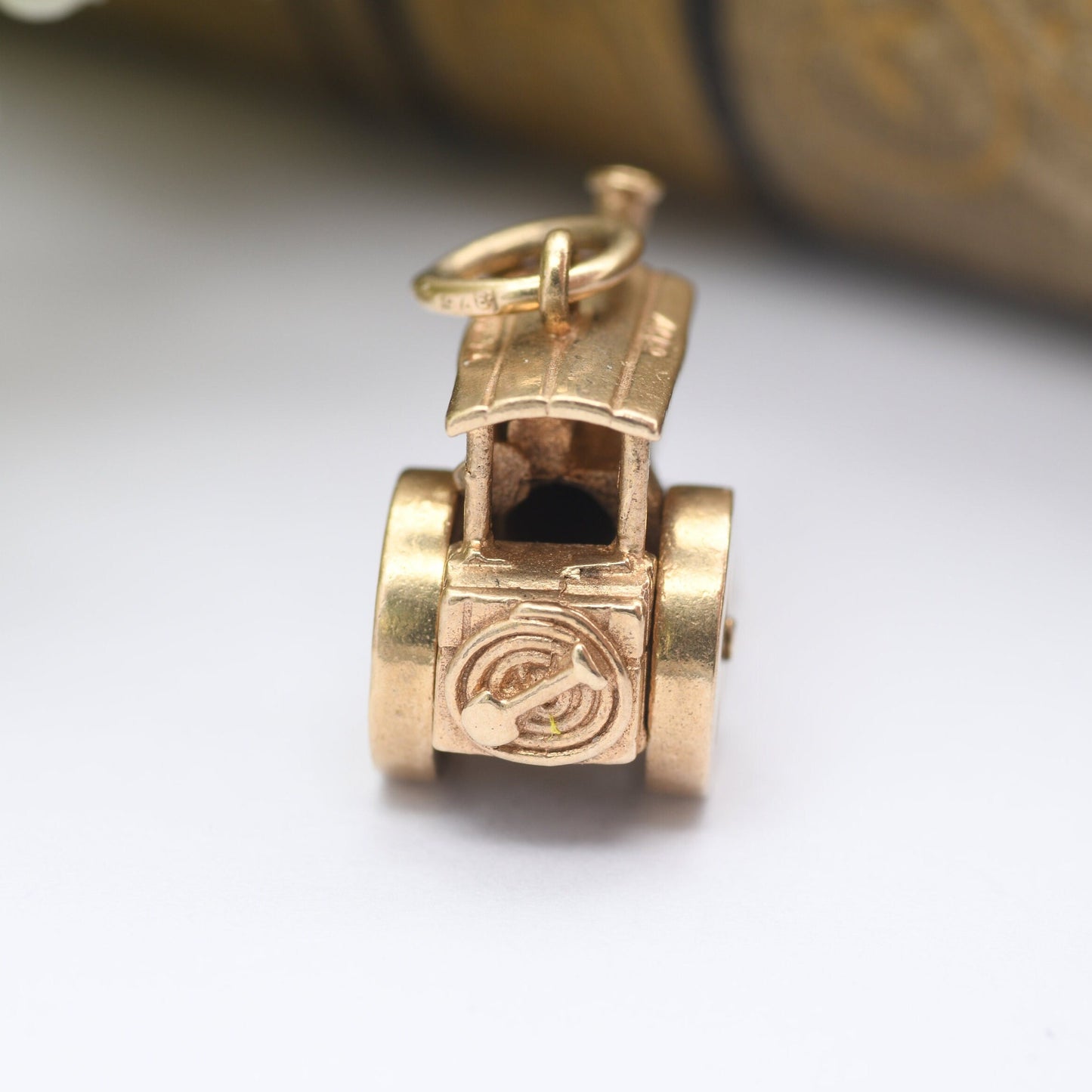 Vintage 9ct Gold Tractor Charm Pendant - with Moving Wheels | Retro Car Enthusiast | Nicely Detailed | Steam Engine