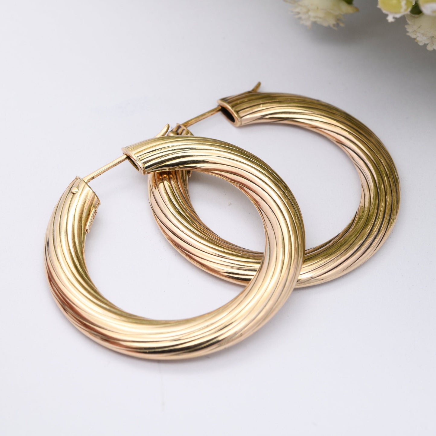 Vintage 9ct Gold Hoop Earrings 1990 - Chunky Hollow Hoops | Large Size 3.8cm Diameter | Made in Italy