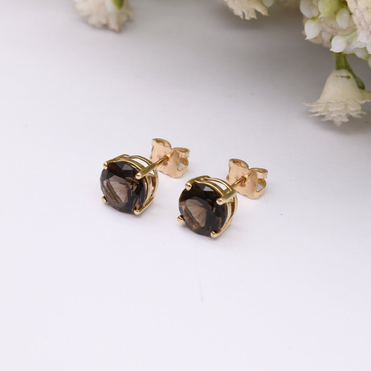 9ct Gold Smoky Quartz Stud Earrings - Brown Gemstone | Butterfly Back | Solid Gold | Chunky Studs