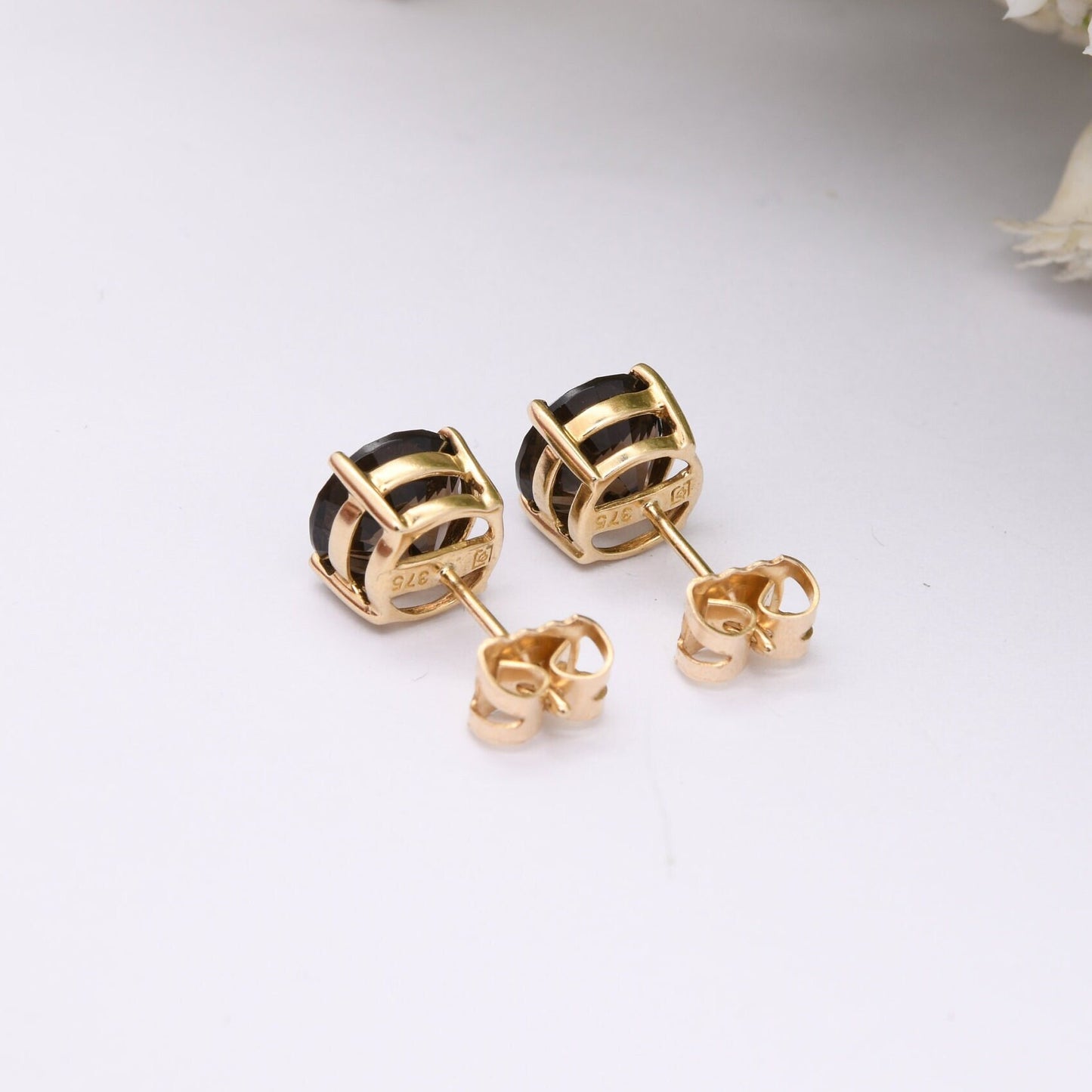 9ct Gold Smoky Quartz Stud Earrings - Brown Gemstone | Butterfly Back | Solid Gold | Chunky Studs