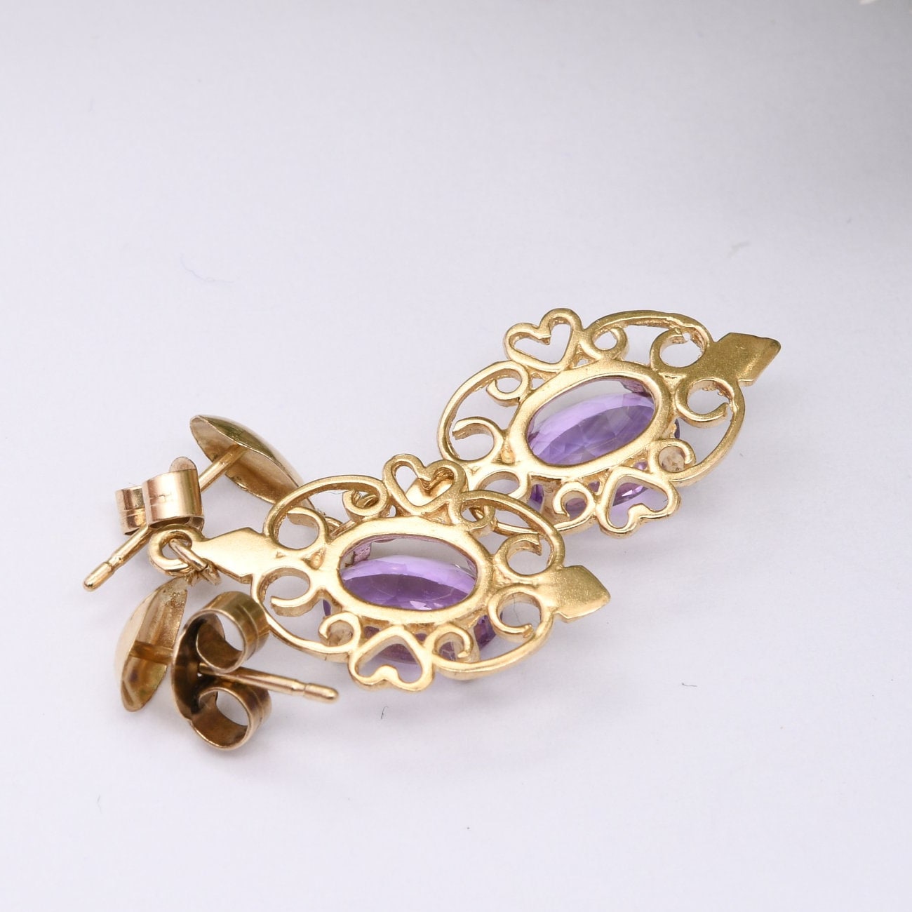 Vintage 9ct Gold Amethyst Drop Earrings with Ornate Openwork Design - Elegant Gold Jewellery
