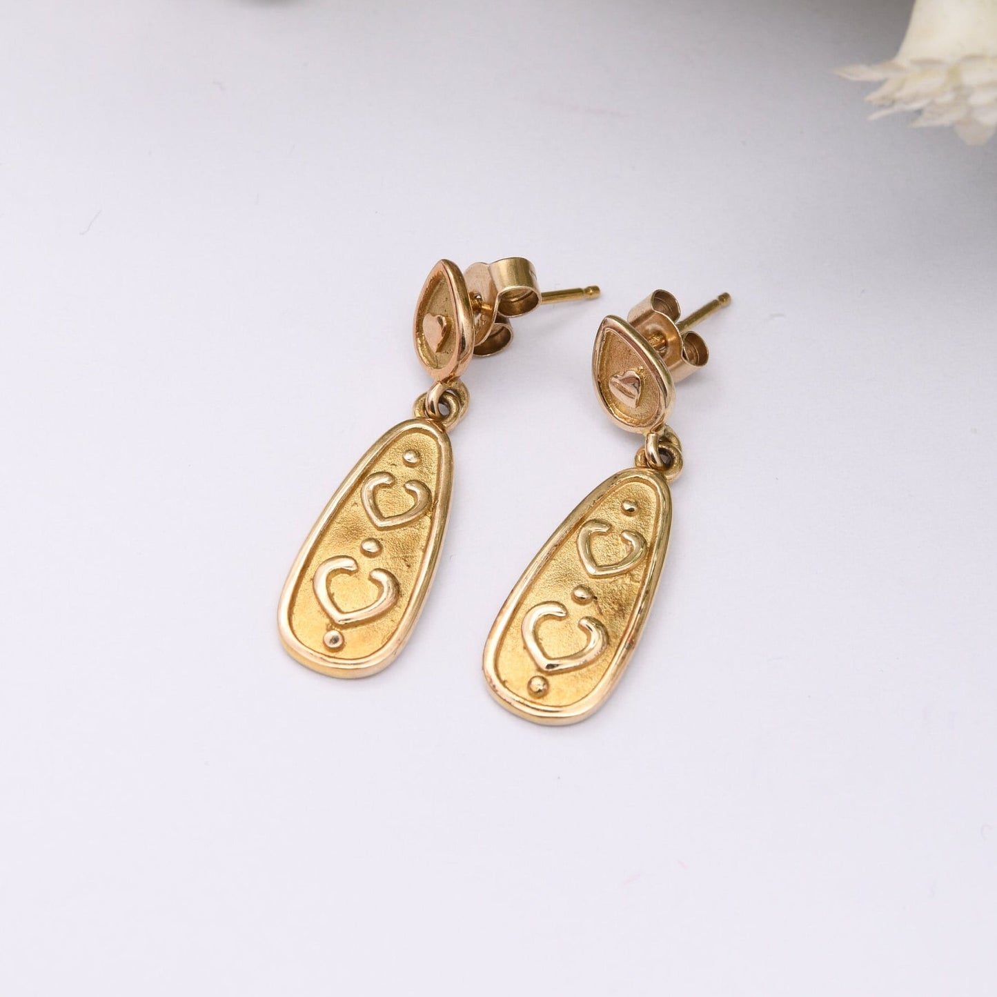 Vintage 9ct Gold Drop Earrings - Cute Love Heart Design | Minimal Everyday Gold Jewellery