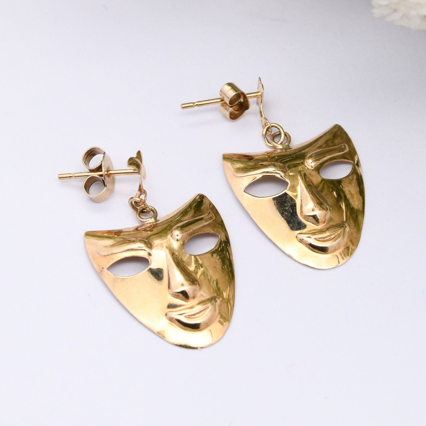 Vintage 9ct Gold Face Mask Drop Earrings - Theatre Mask Symbol | Venice Mask | Yellow Gold | Fun Earrings