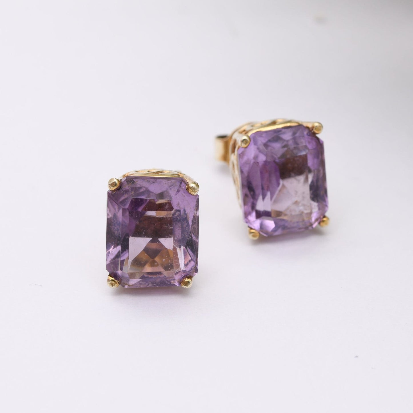 Vintage 9ct Gold Amethyst Stud Earrings 1992 - Chunky Purple Gemstone Rectangular Studs | Butterfly Backs | Ornate Setting