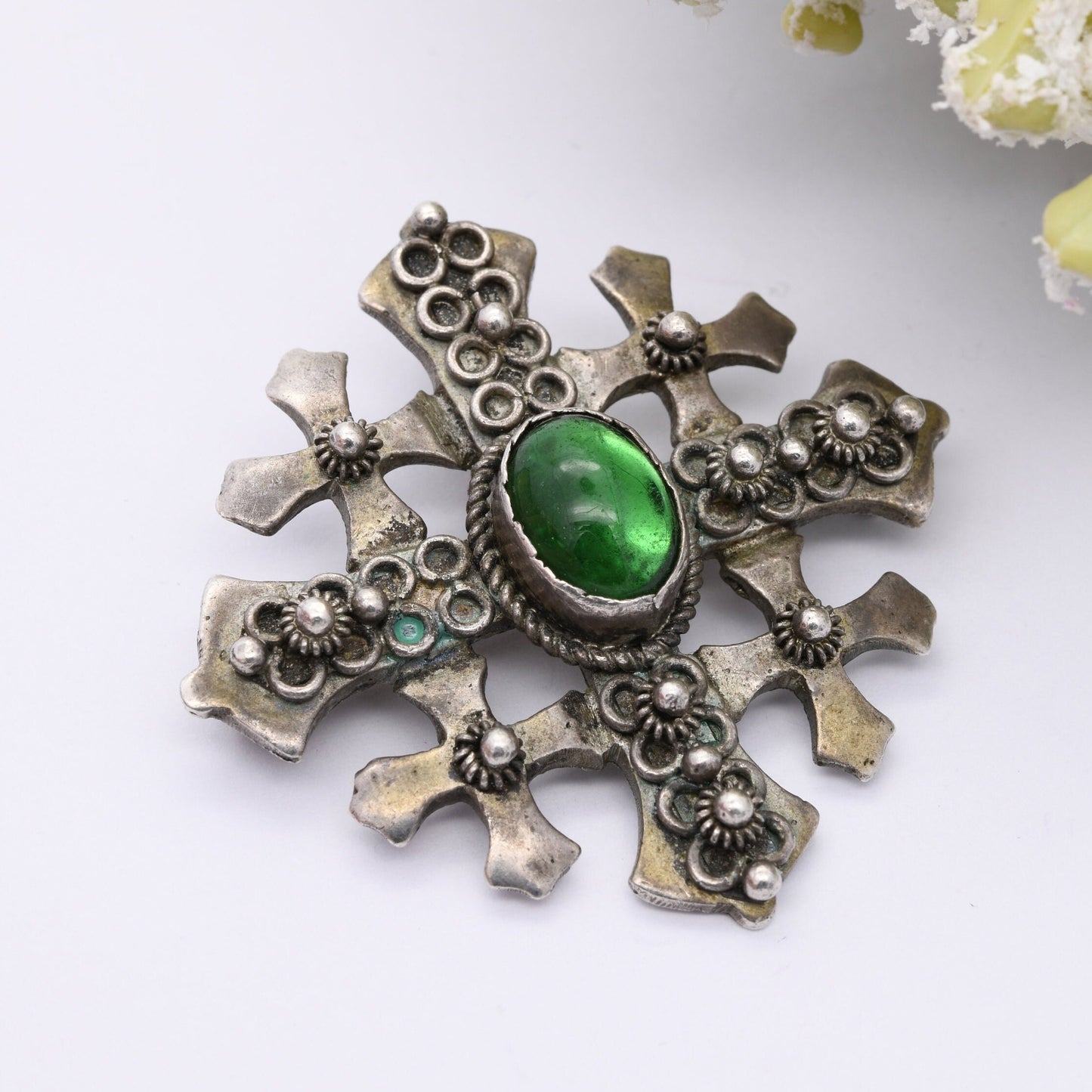 Vintage Jerusalem Cross Brooch Pendant with Green Glass Stone