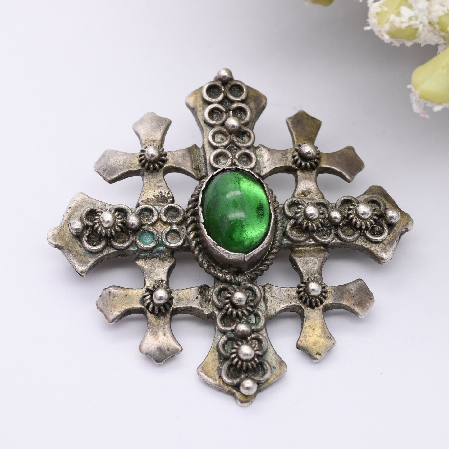 Vintage Jerusalem Cross Brooch Pendant with Green Glass Stone