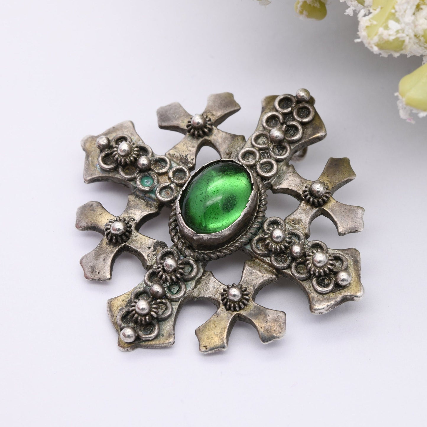 Vintage Jerusalem Cross Brooch Pendant with Green Glass Stone