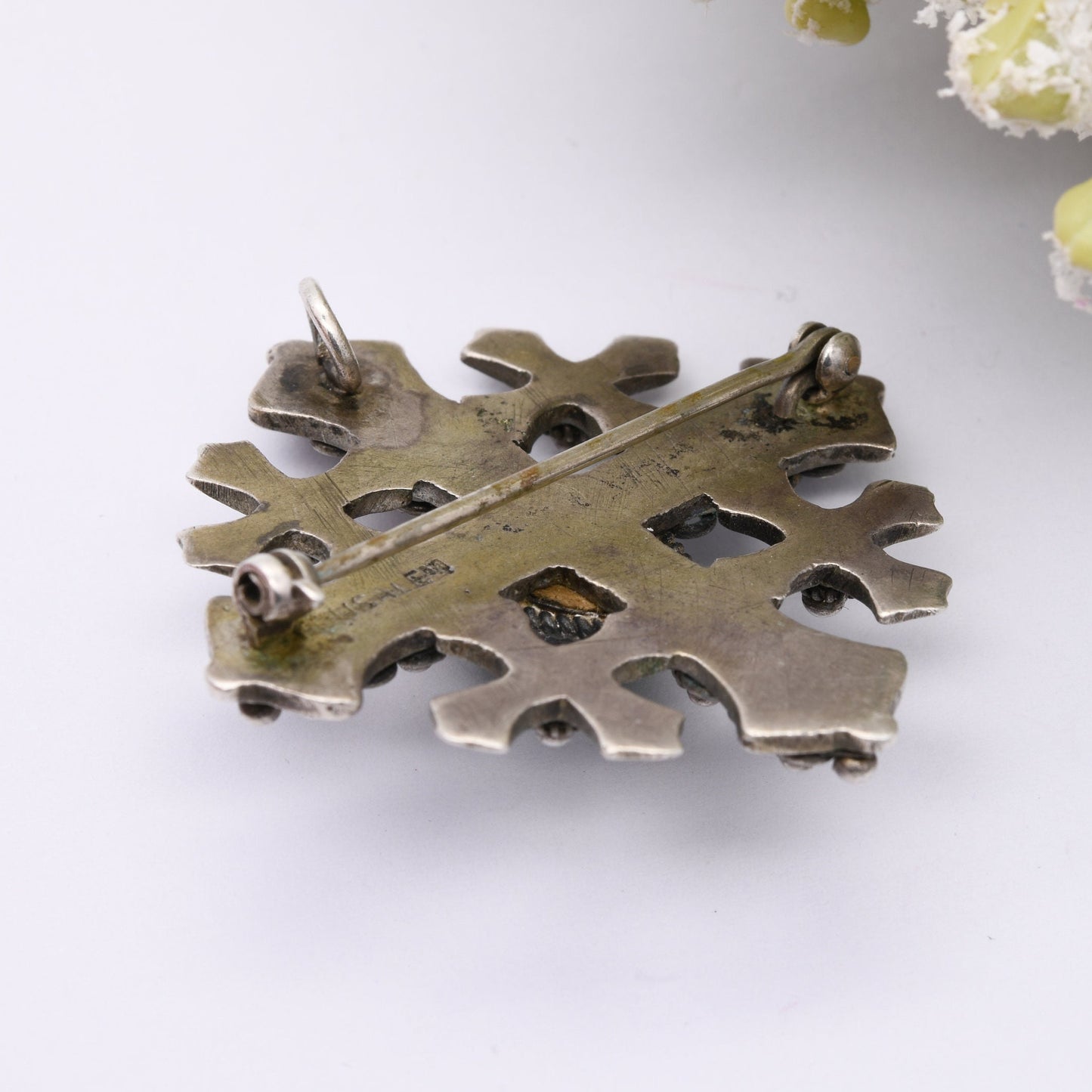 Vintage Jerusalem Cross Brooch Pendant with Green Glass Stone