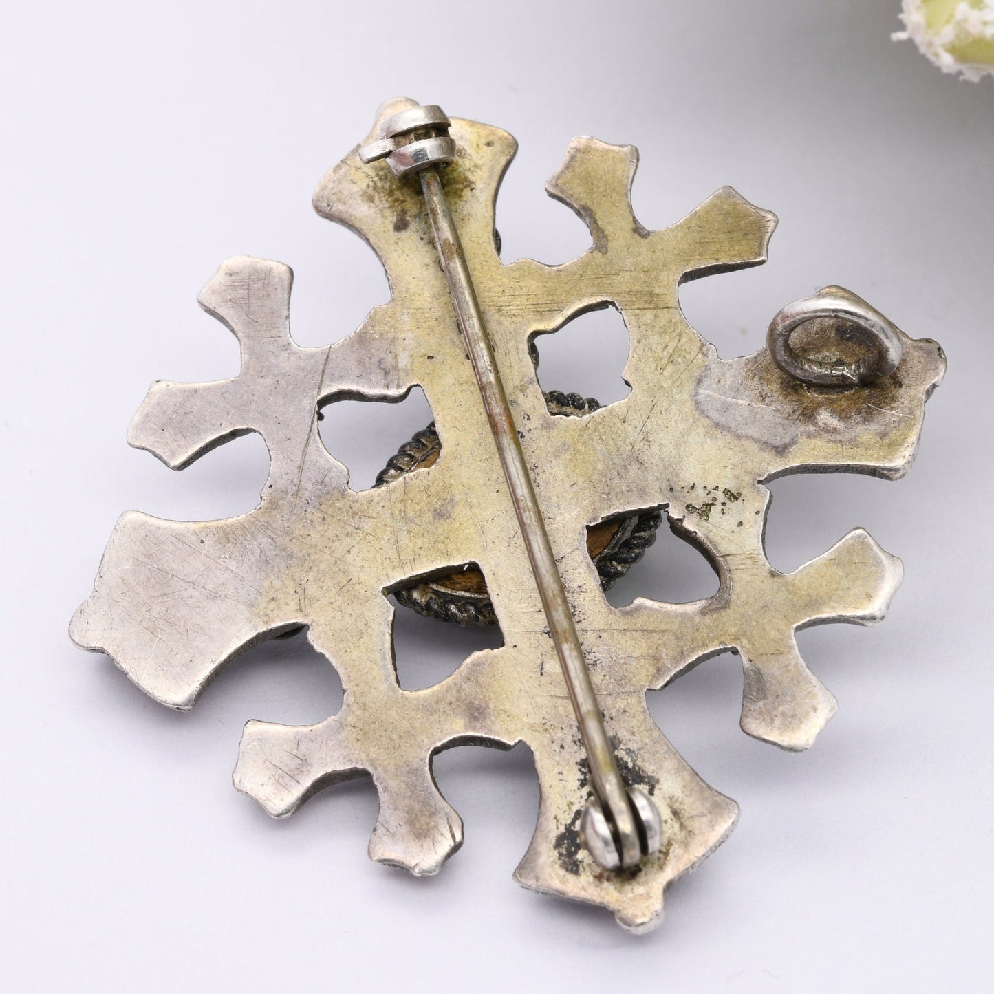 Vintage Jerusalem Cross Brooch Pendant with Green Glass Stone