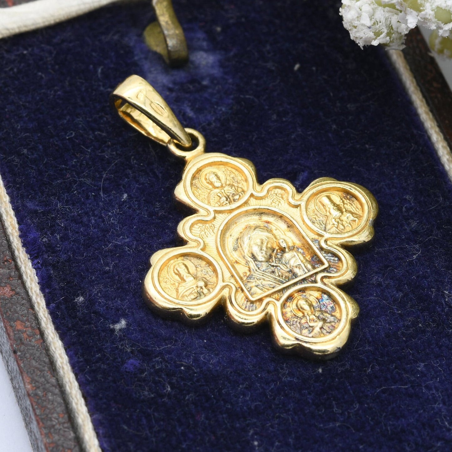 Vintage Christian Pendant Square Cross with Jesus Mary Saints