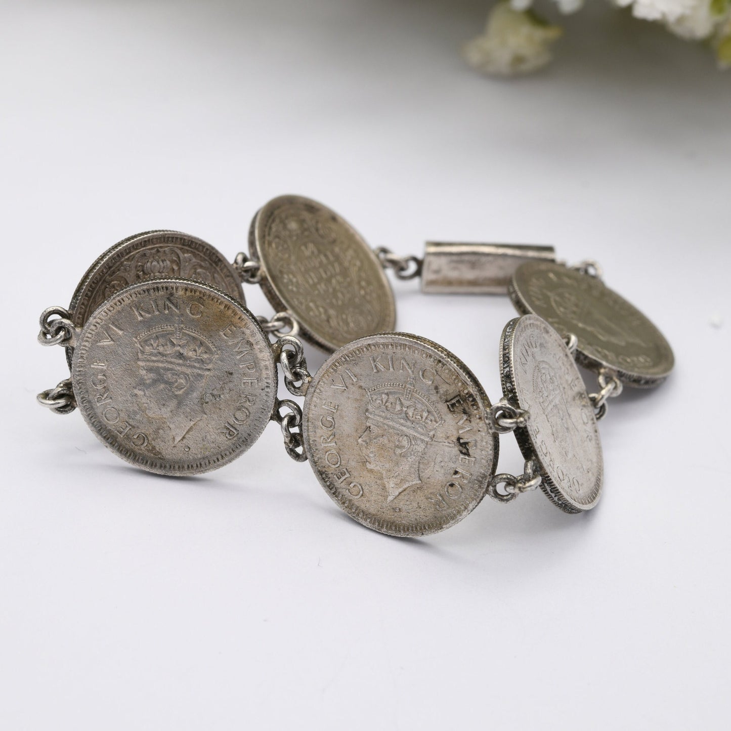 Vintage Silver India 1/4 Rupee Coin Bracelet 1943 - George VI King Emperor | British India