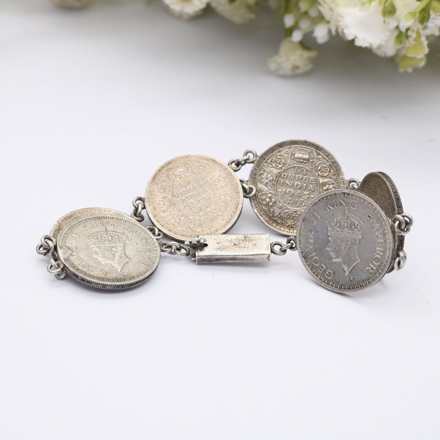 Vintage Silver India 1/4 Rupee Coin Bracelet 1943 - George VI King Emperor | British India
