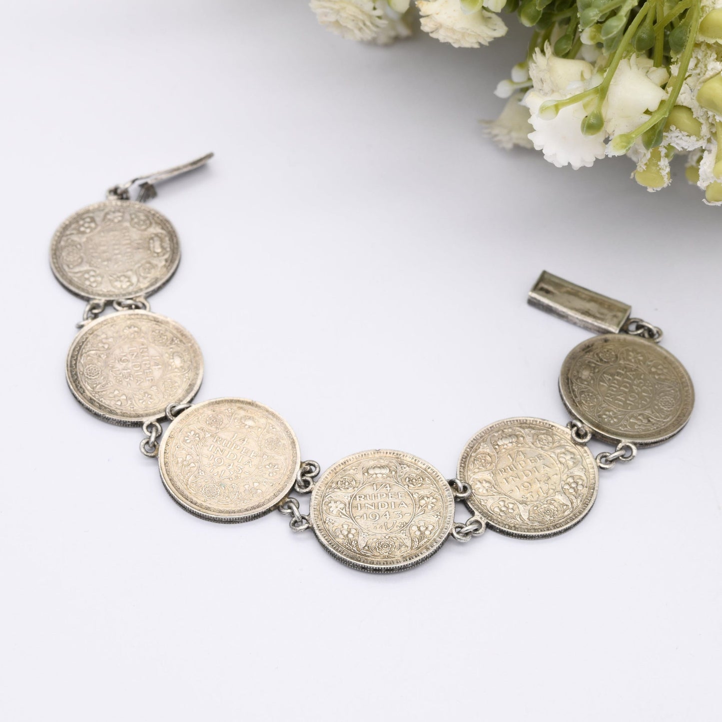 Vintage Silver India 1/4 Rupee Coin Bracelet 1943 - George VI King Emperor | British India