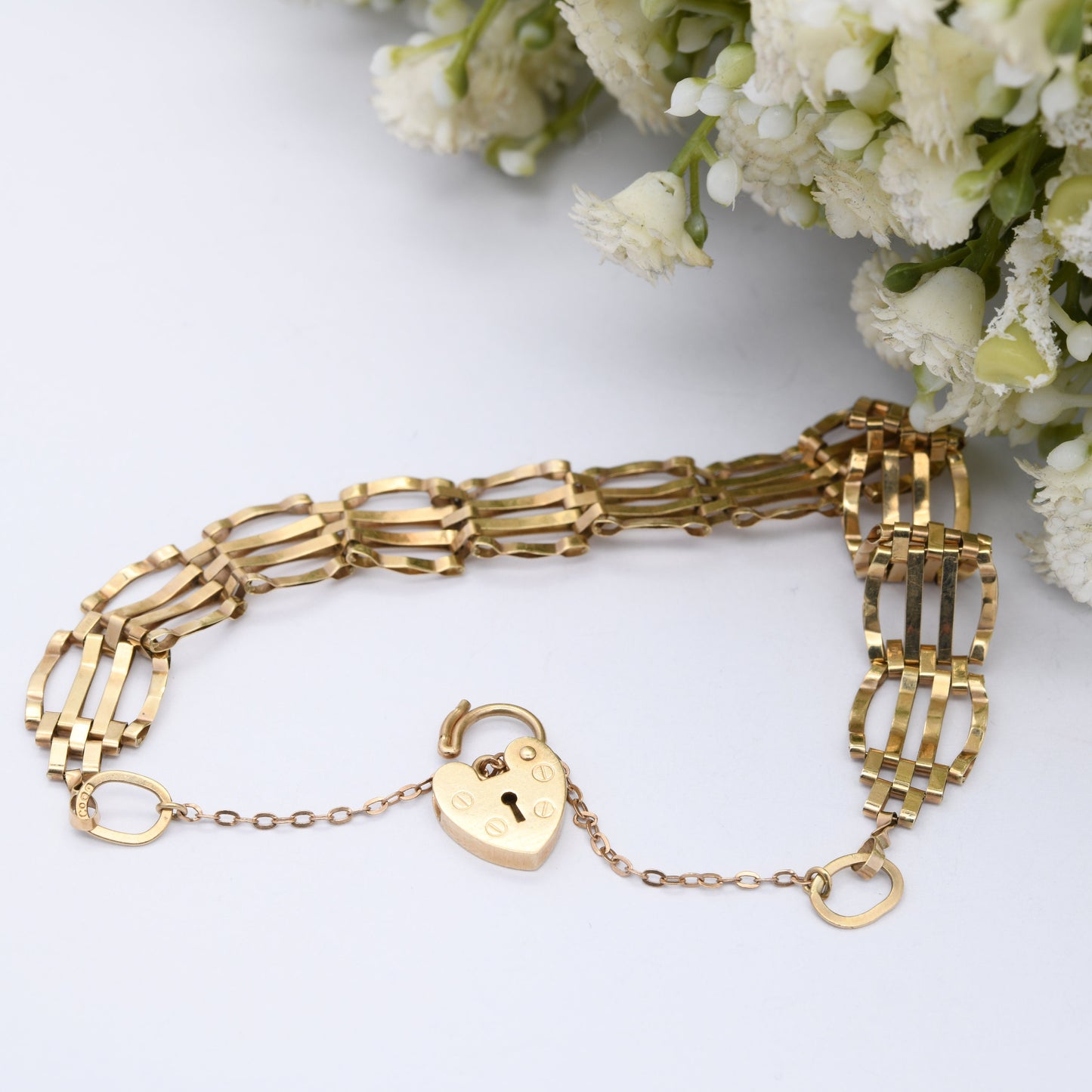 Vintage 9ct Gold Heart Padlock Clasp Gate Link Chain Bracelet with Safety Chain 1982 1983
