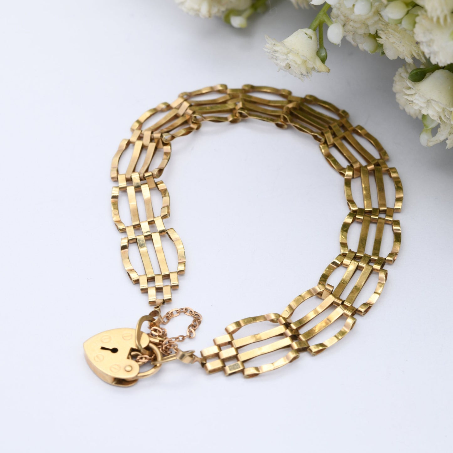 Vintage 9ct Gold Heart Padlock Clasp Gate Link Chain Bracelet with Safety Chain 1982 1983