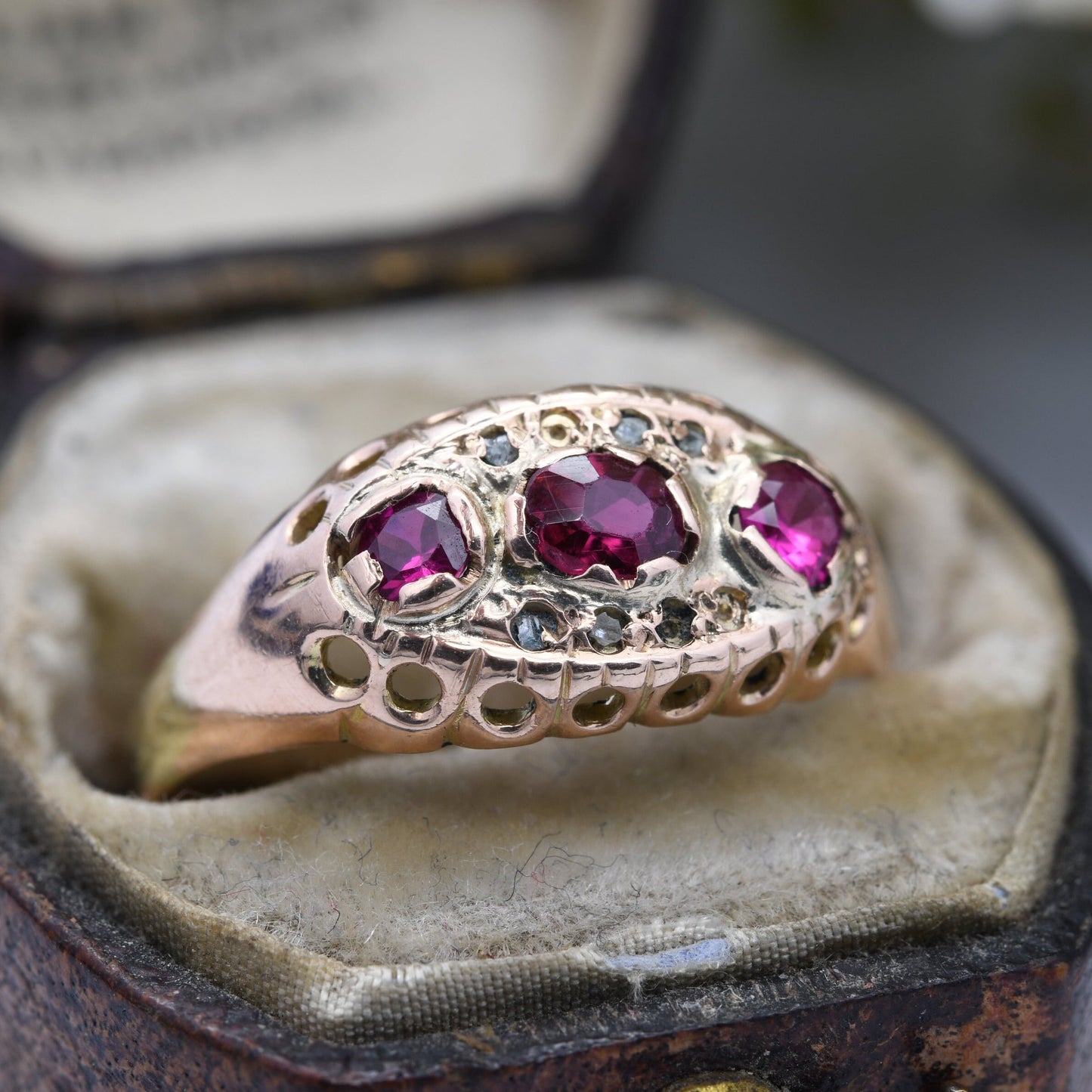Antique 9ct Gold Ruby Diamond Boat Ring 1912 Chester