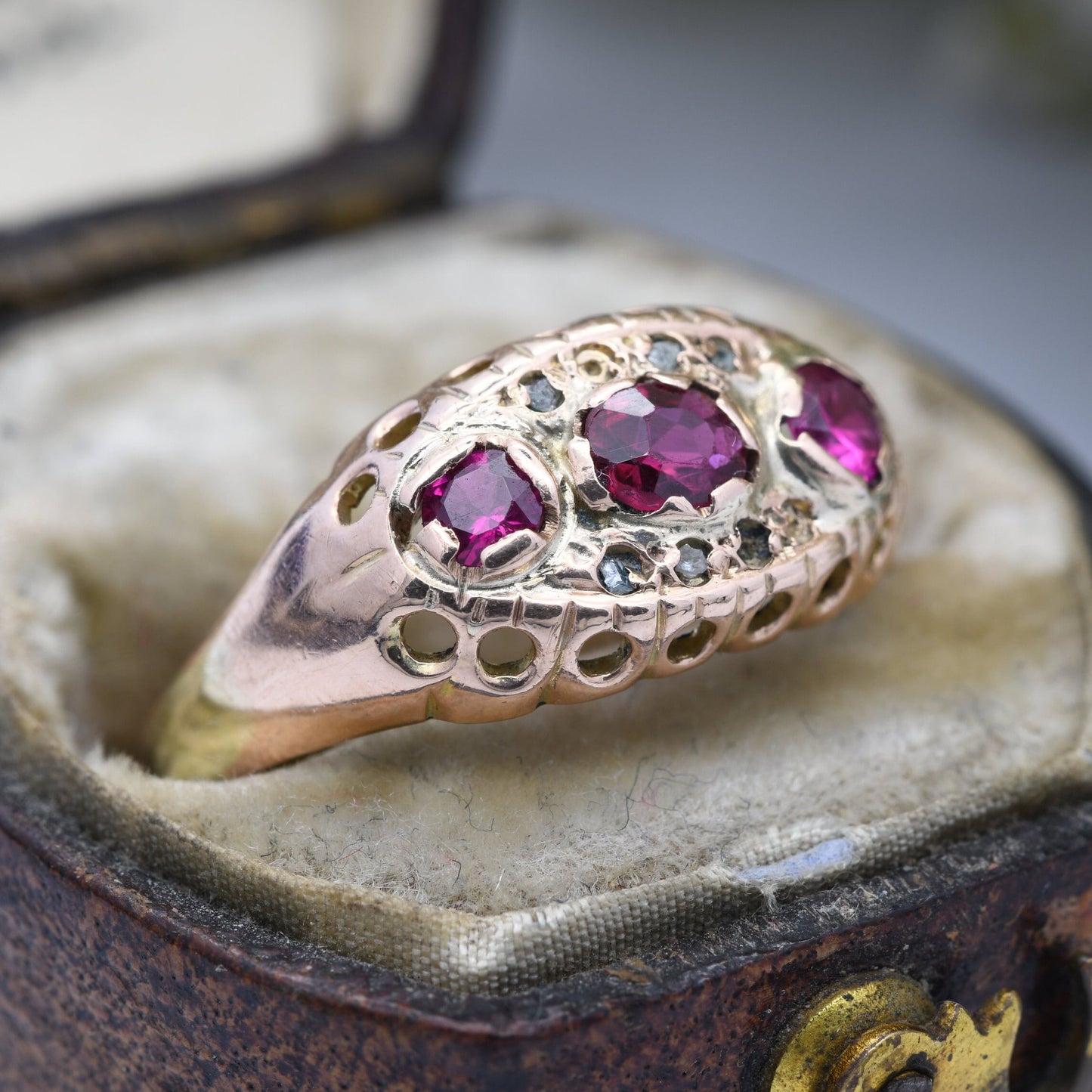 Antique 9ct Gold Ruby Diamond Boat Ring 1912 Chester